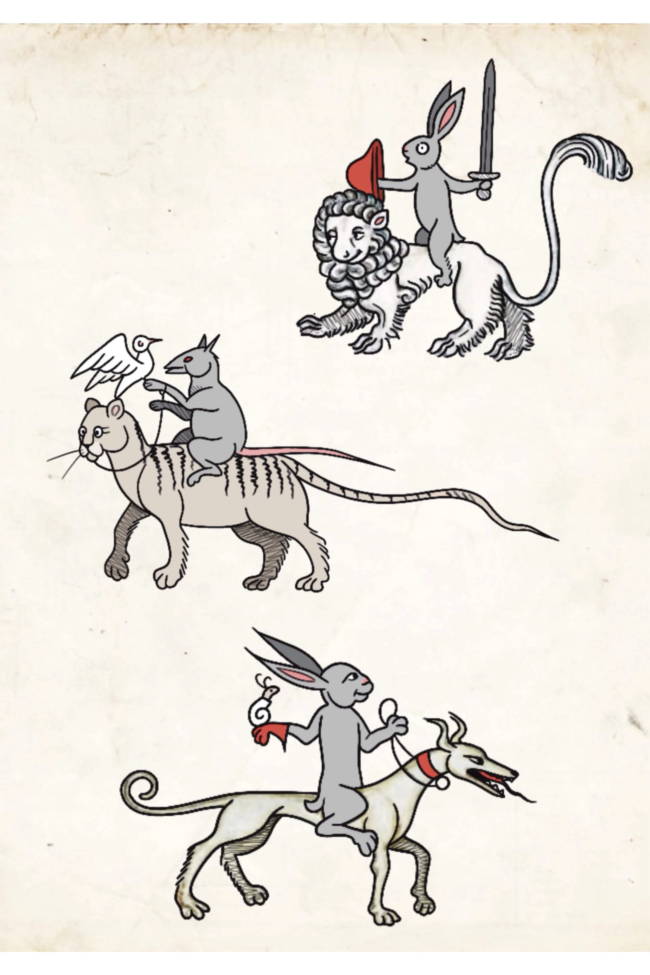 Tattoo flash sheet of creatures riding animals, including a rabbit on a lion and a rabbit on a dog, medieval bestiary style