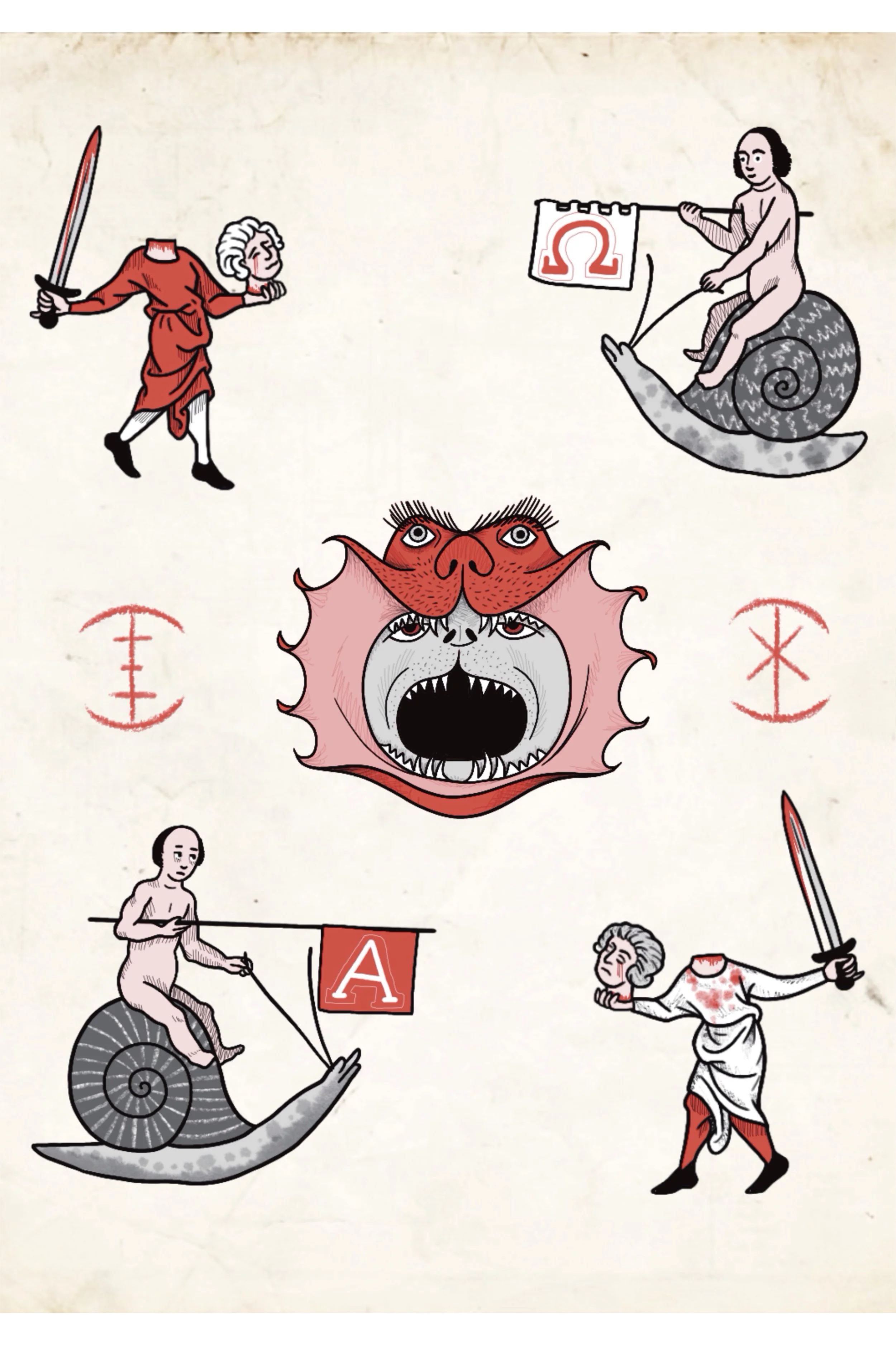 Tattoo flash sheet of headless figures, devil mask, and characters riding snails with flags, medieval marginalia style