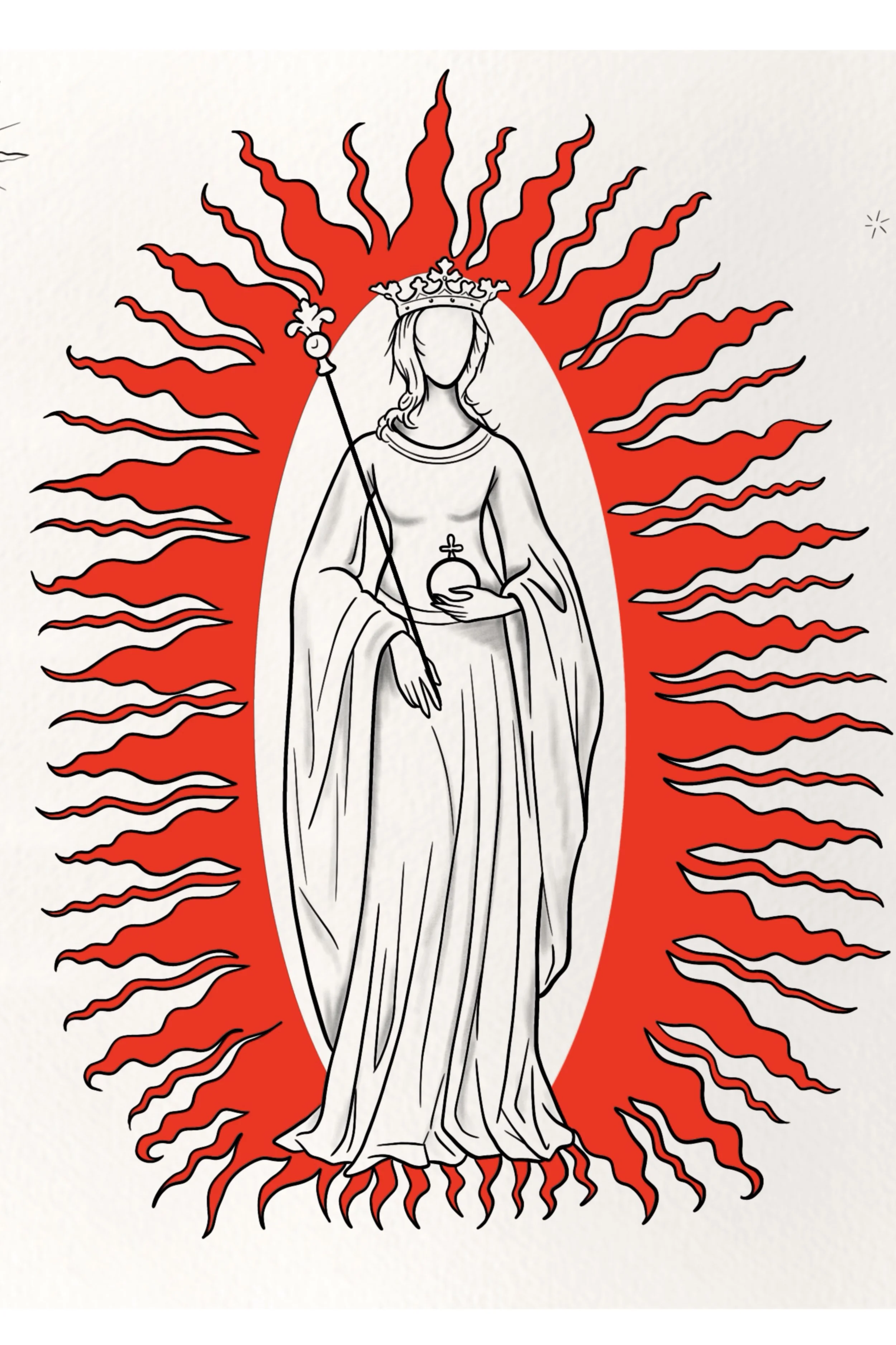Robed Madonna figure surrounded by red flame rays, medieval illustration tattoo design