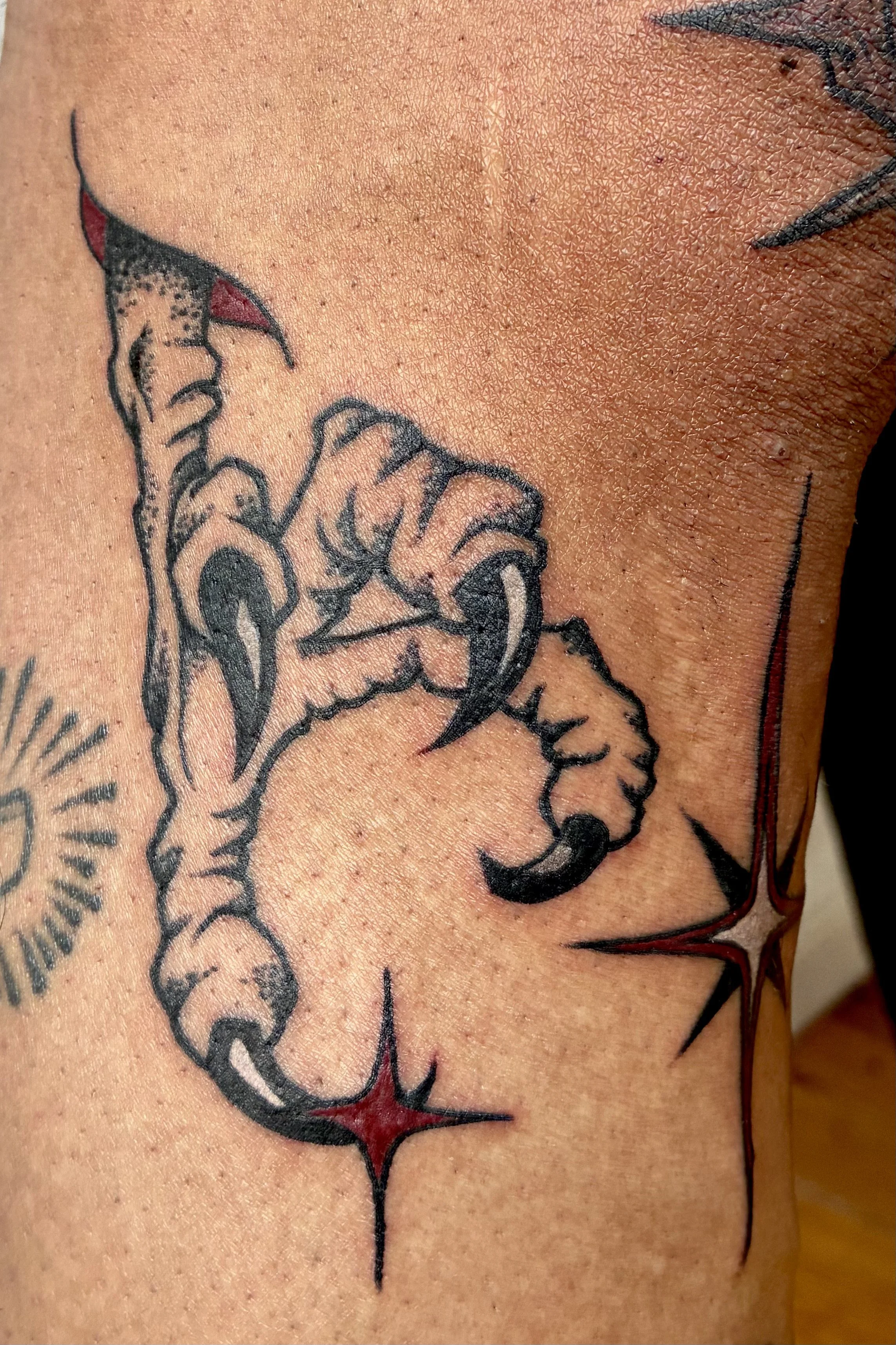 traditional tattoo of a eagle claw with red accents and four-pointed stars, illustrative style, by Daniel Emmanuel Alt-Treptow Berlin