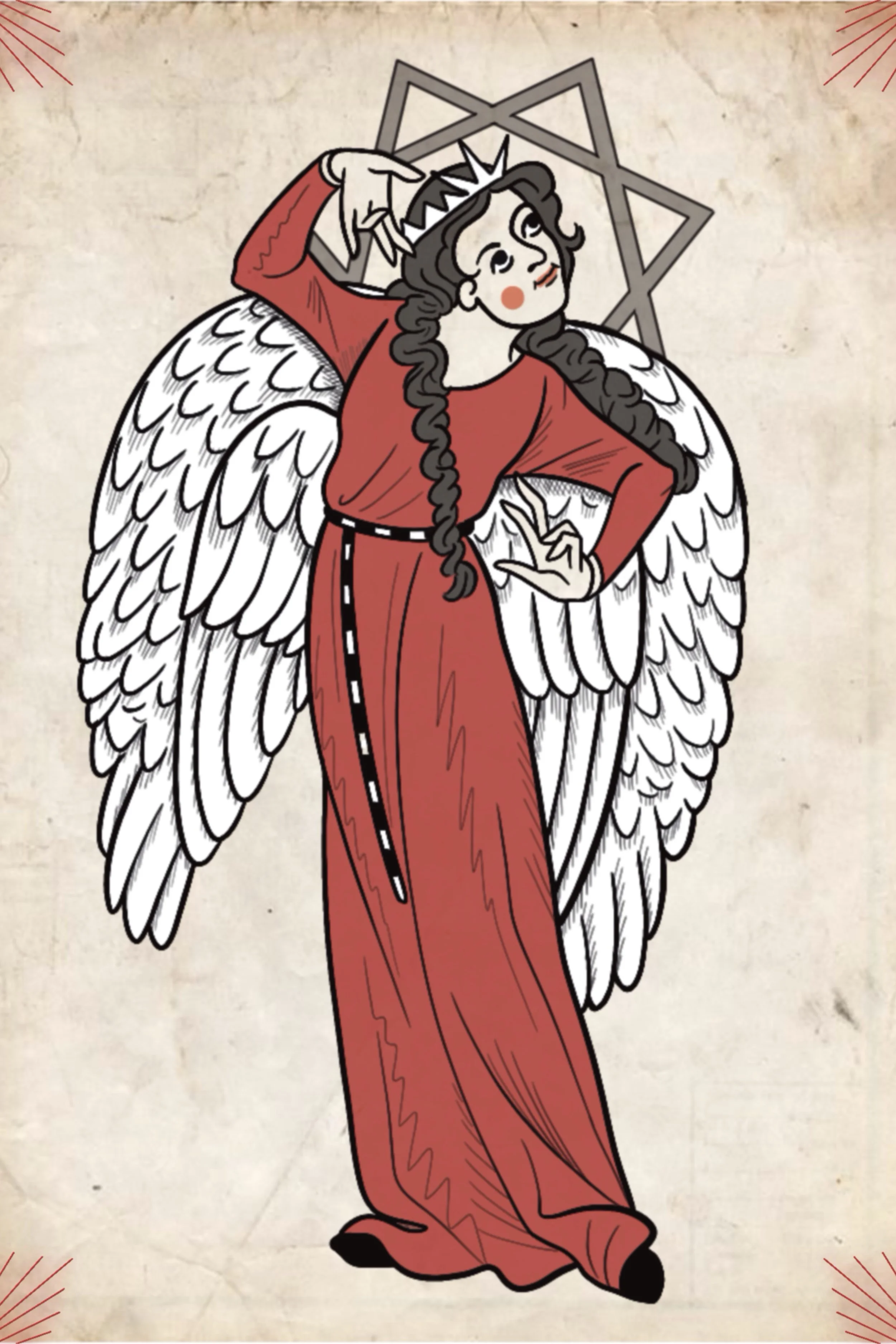 Angel in a red robe with a crown and wings beside a star symbol, medieval religious tattoo flash design