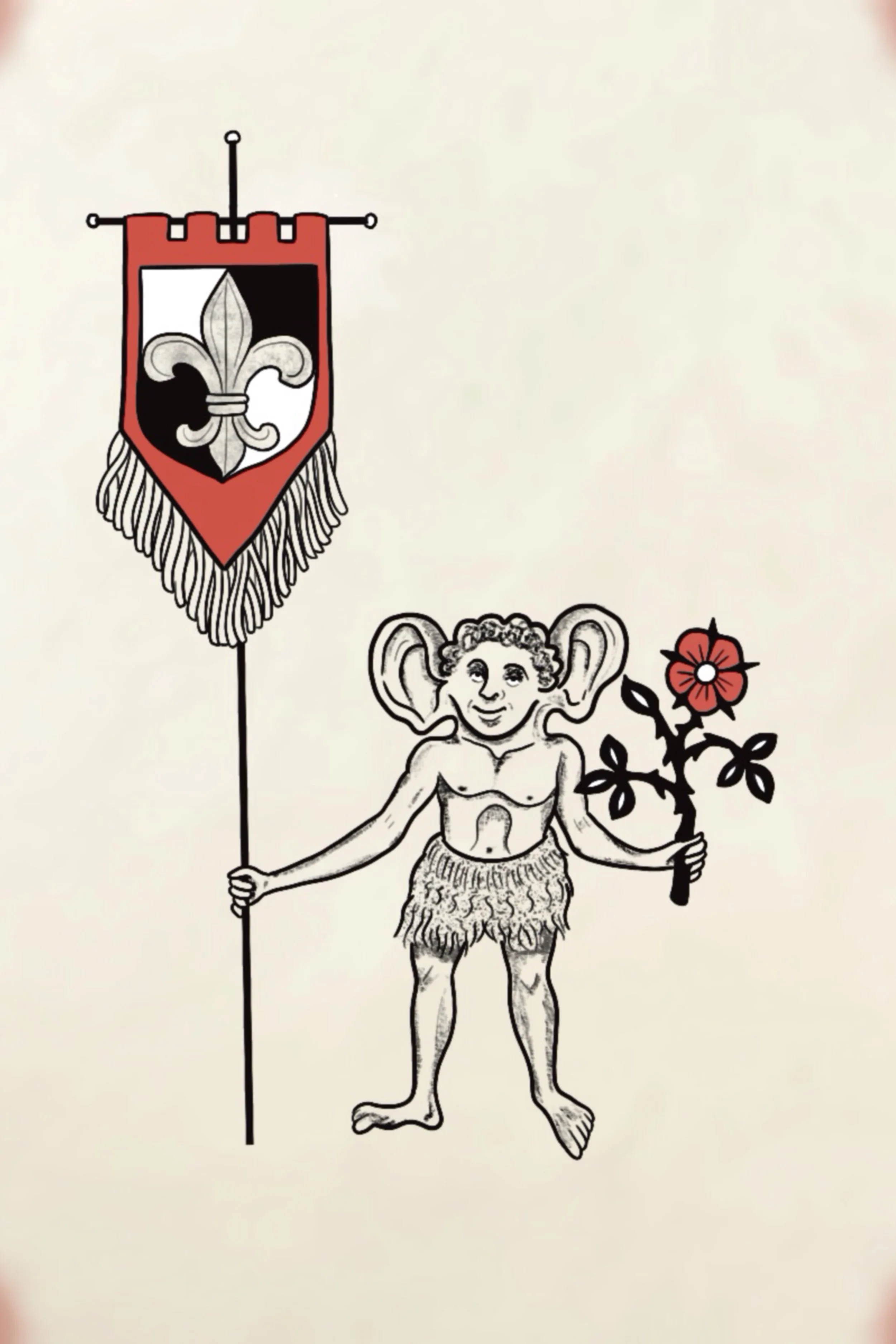 Heraldic banner with fleur-de-lis crest beside a small fur-clad figure holding a flower, medieval tattoo design