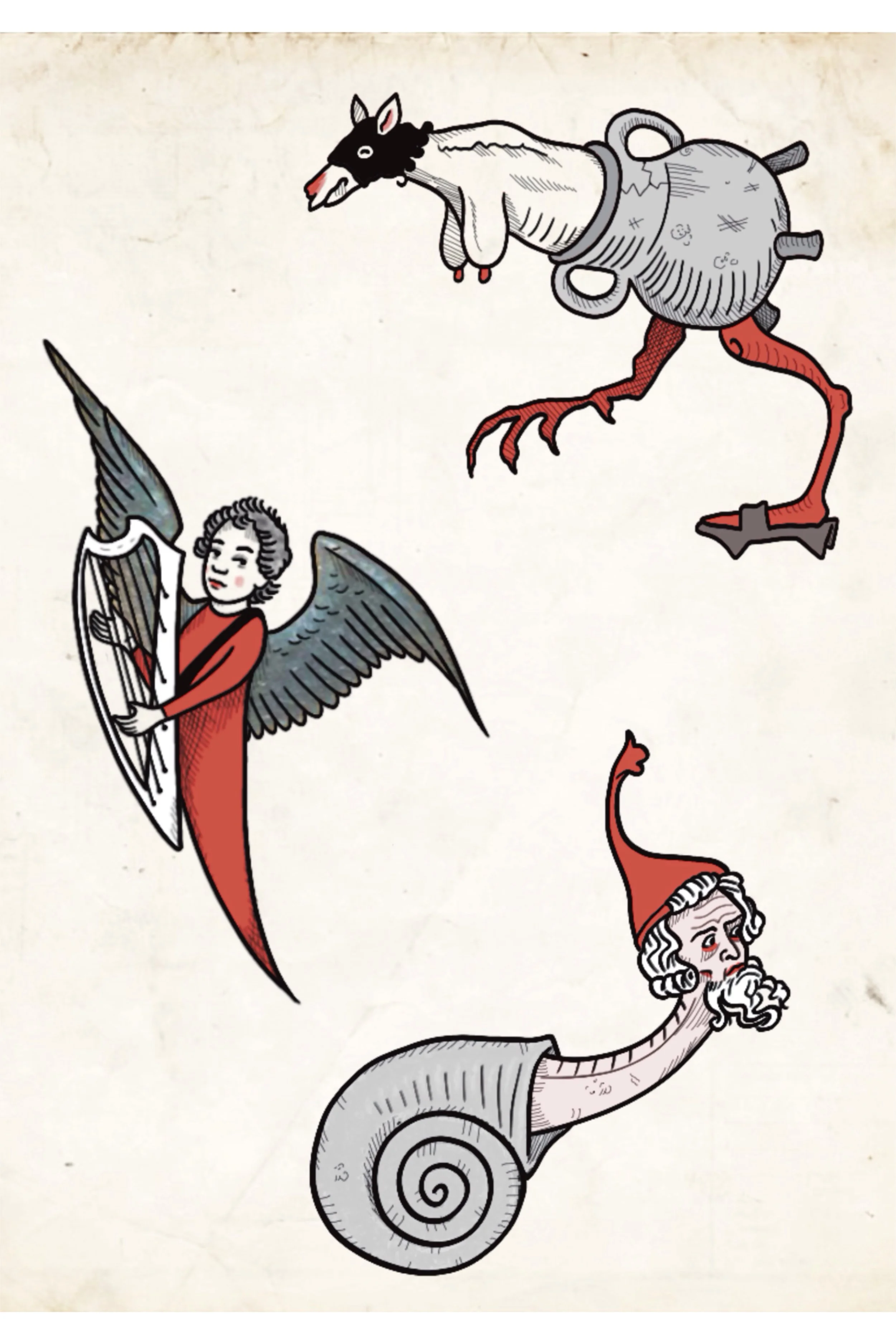 Tattoo flash sheet of a winged demon creature, angel with shield, and snail with an old man's face, medieval style