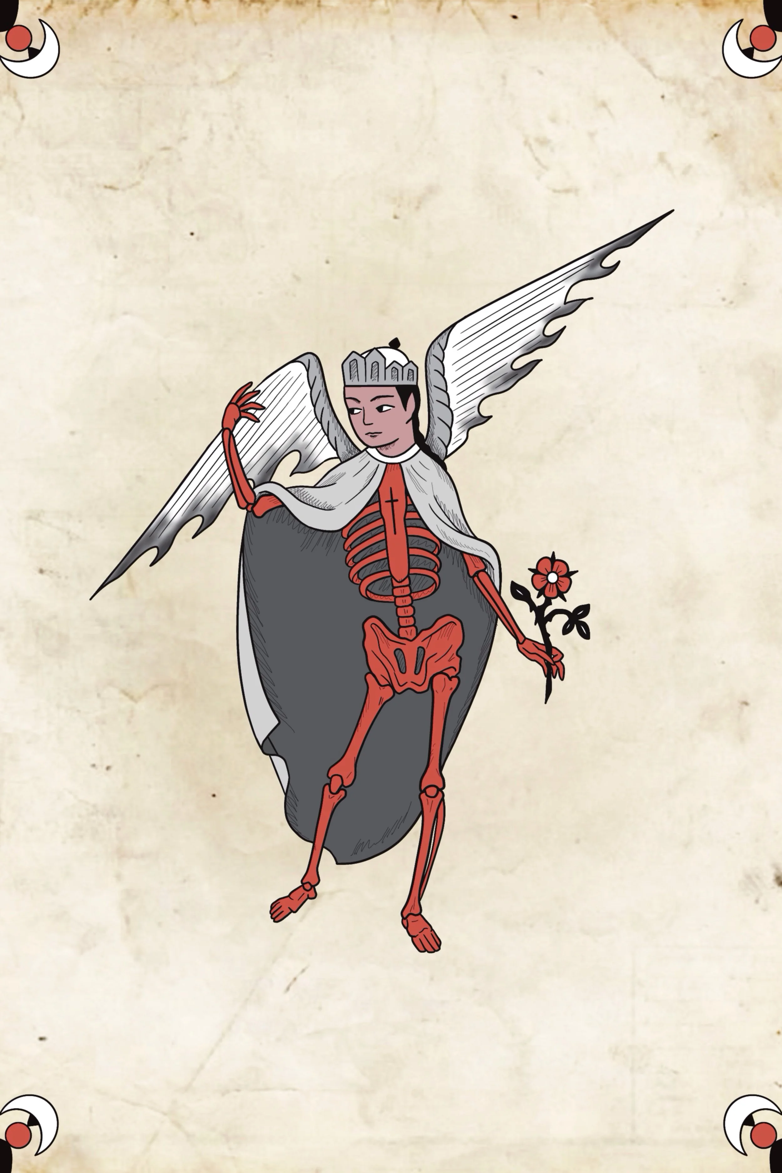 Skeletal winged oriental angel figure holding a flower, medieval tattoo flash design