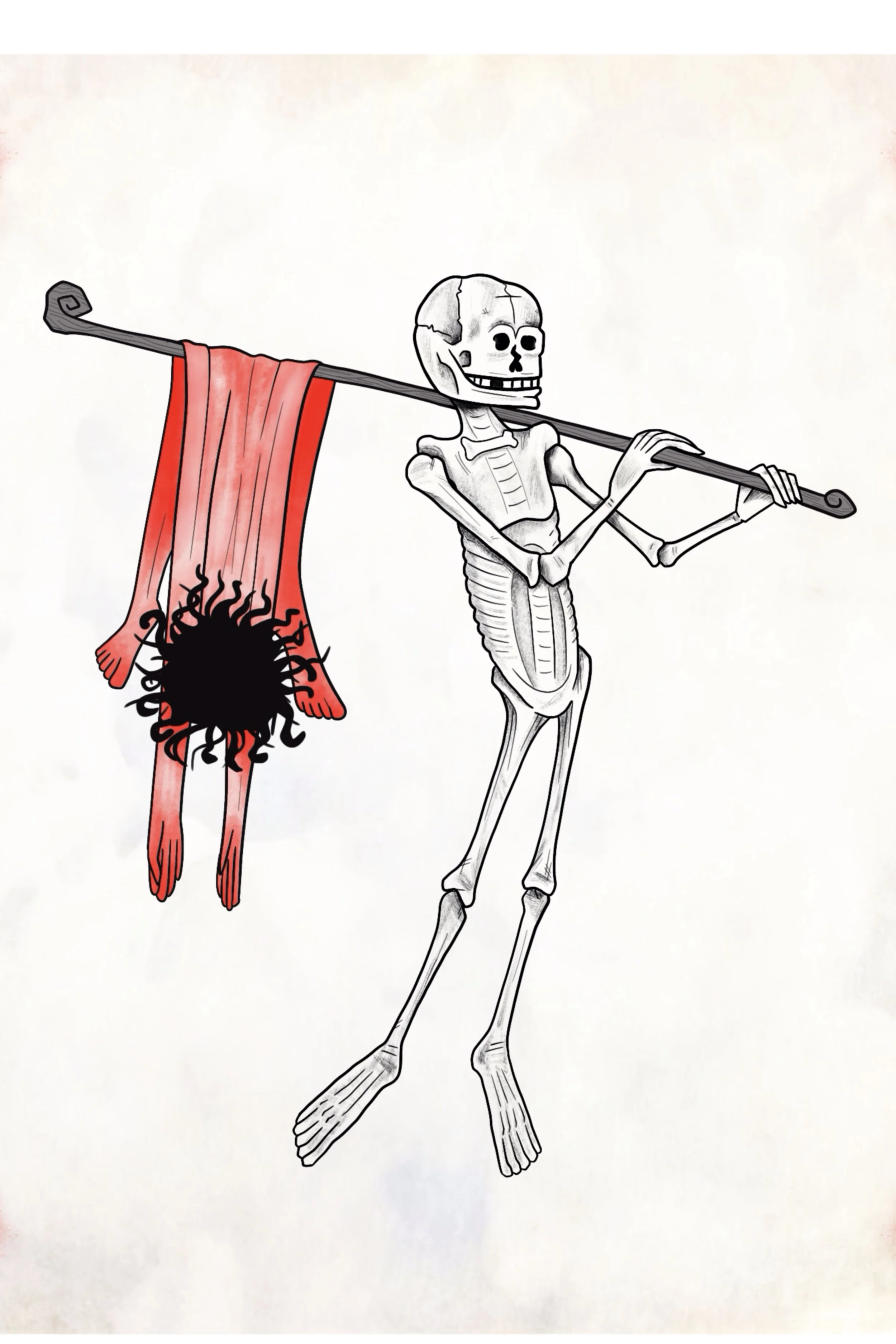 Skeleton holding a staff with a tattered red scarf, tattoo flash design in illustrative line art style"