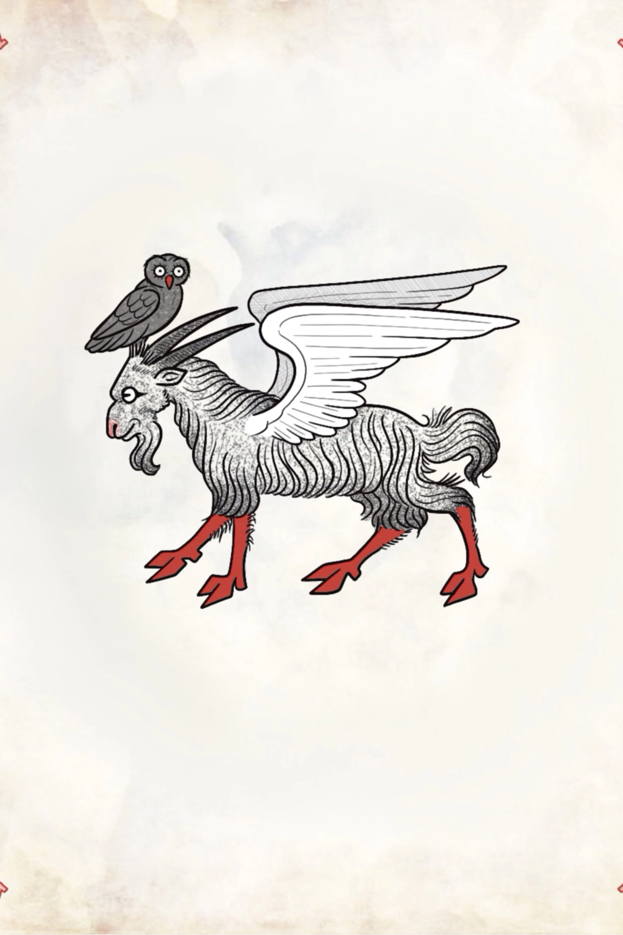 Winged goat creature with an owl perched on its head, medieval bestiary tattoo flash design