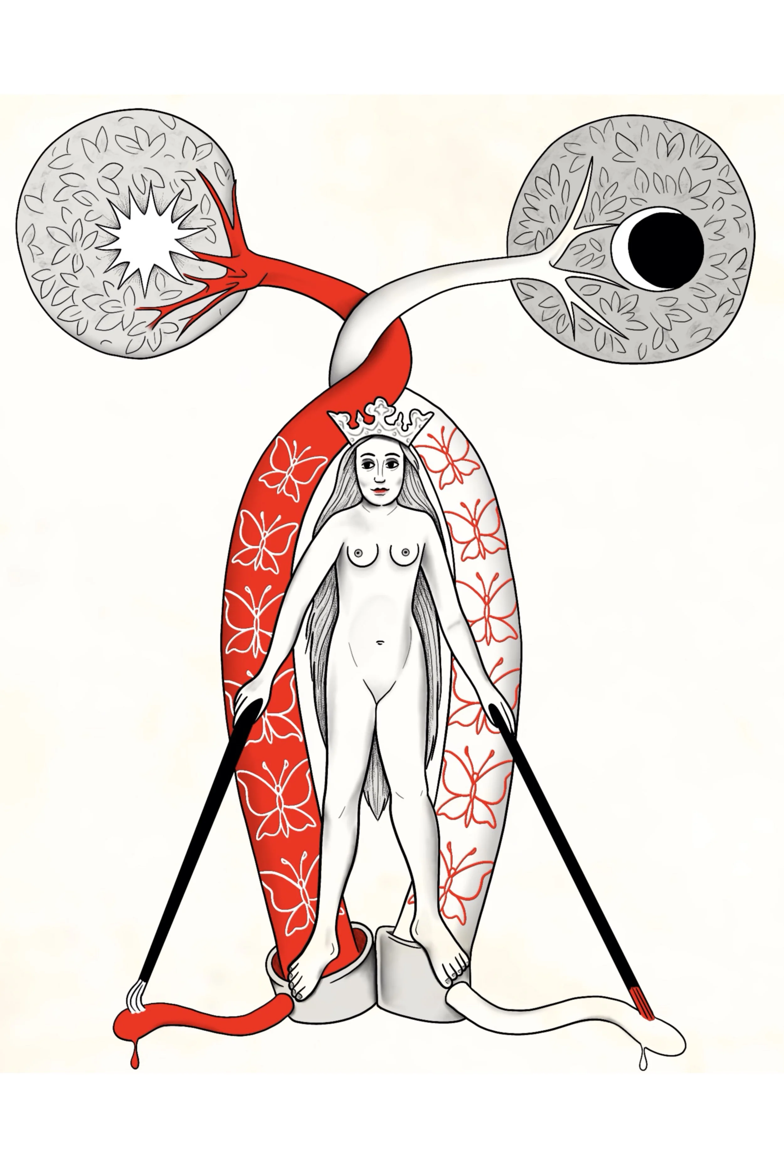 Surreal nude figure tattoo flash design with tree and sun and moon imagery and red butterfly patterns