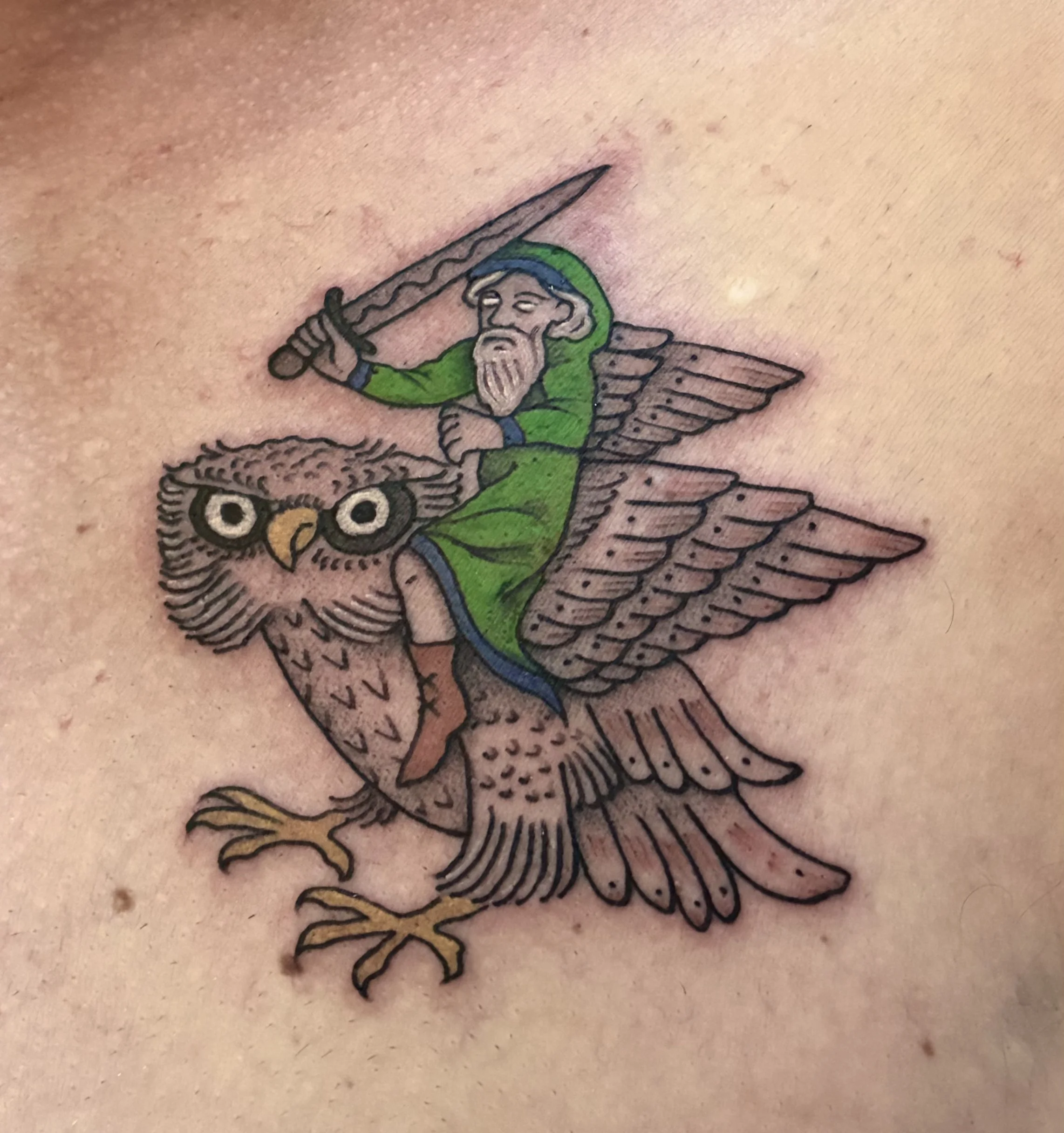 Color tattoo of a wizard riding an owl with a sword, medieval bestiary illustration style