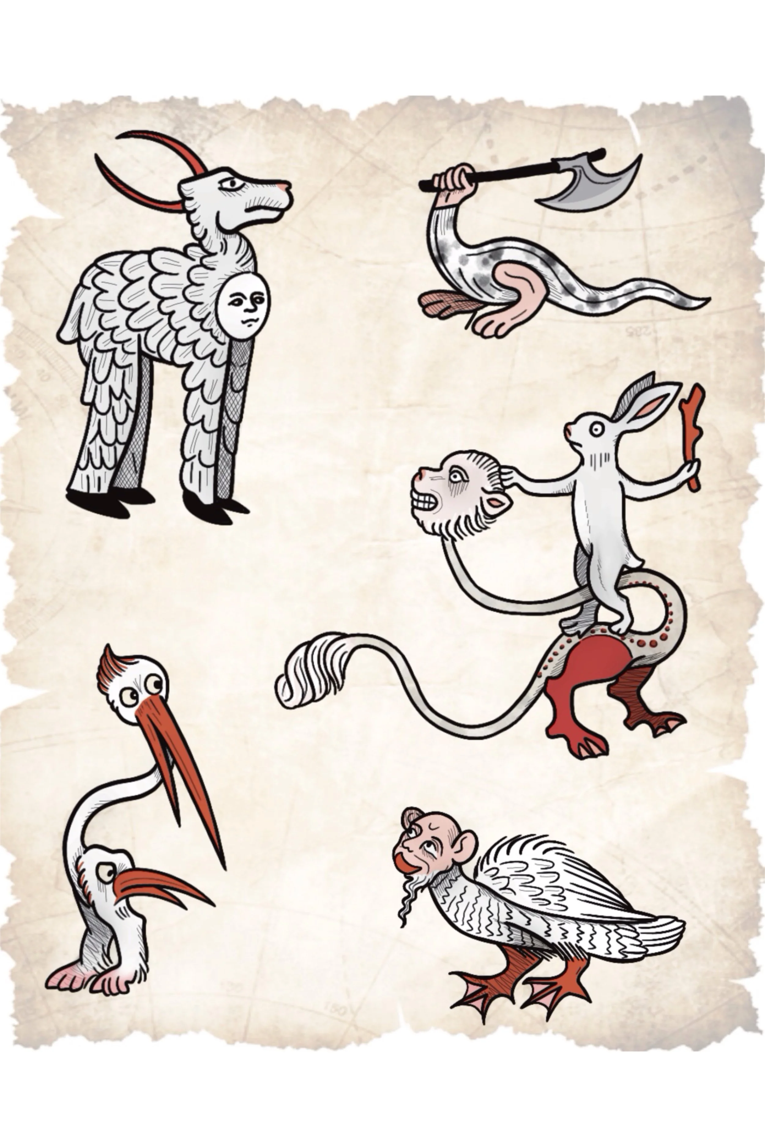 Tattoo flash sheet of medieval bestiary creatures including a winged goat, axe-wielding beast, and rabbit riding a monkey-tailed creature
