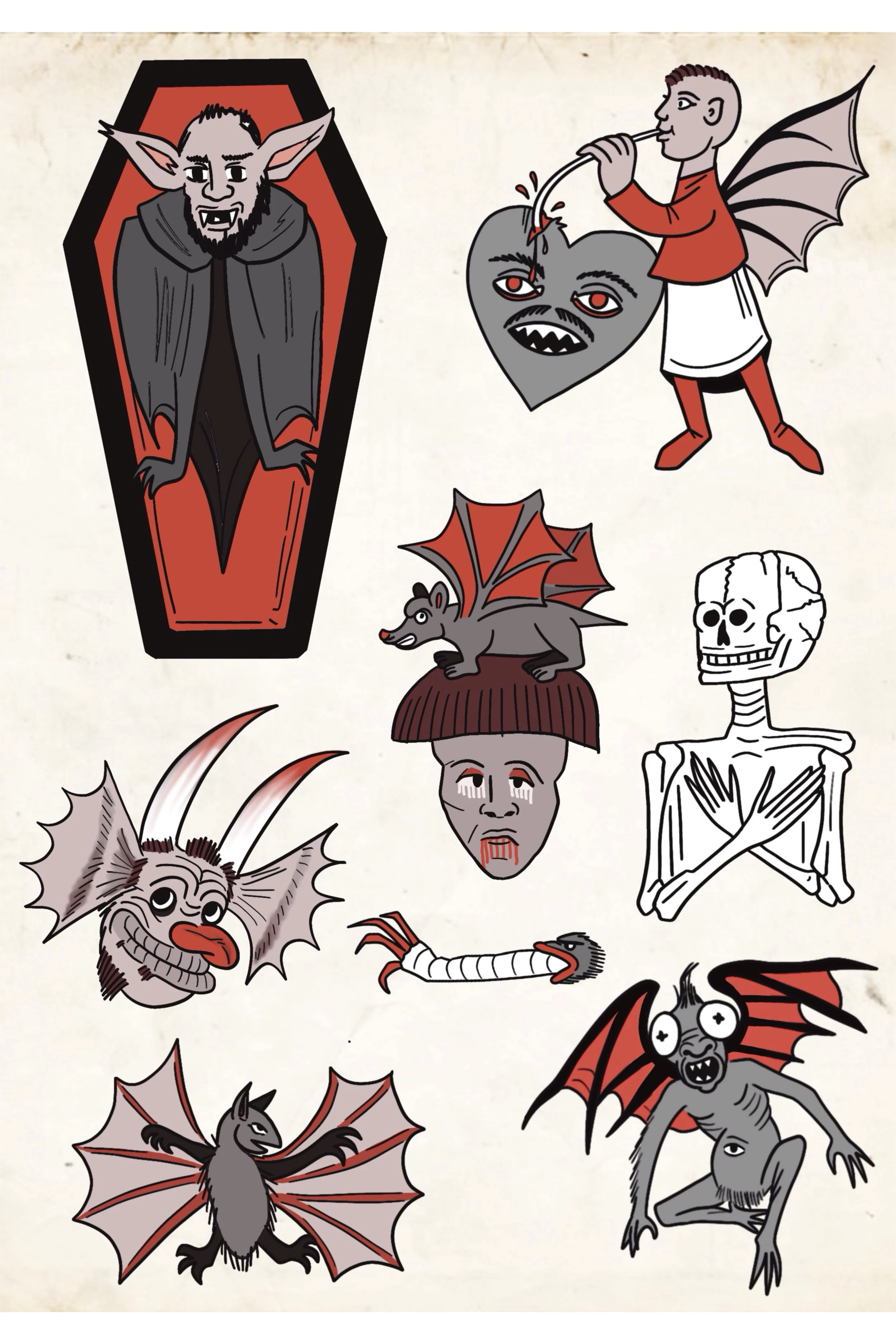 Tattoo flash sheet of gothic creatures including a vampire in a coffin, bats, skulls, and demon figures