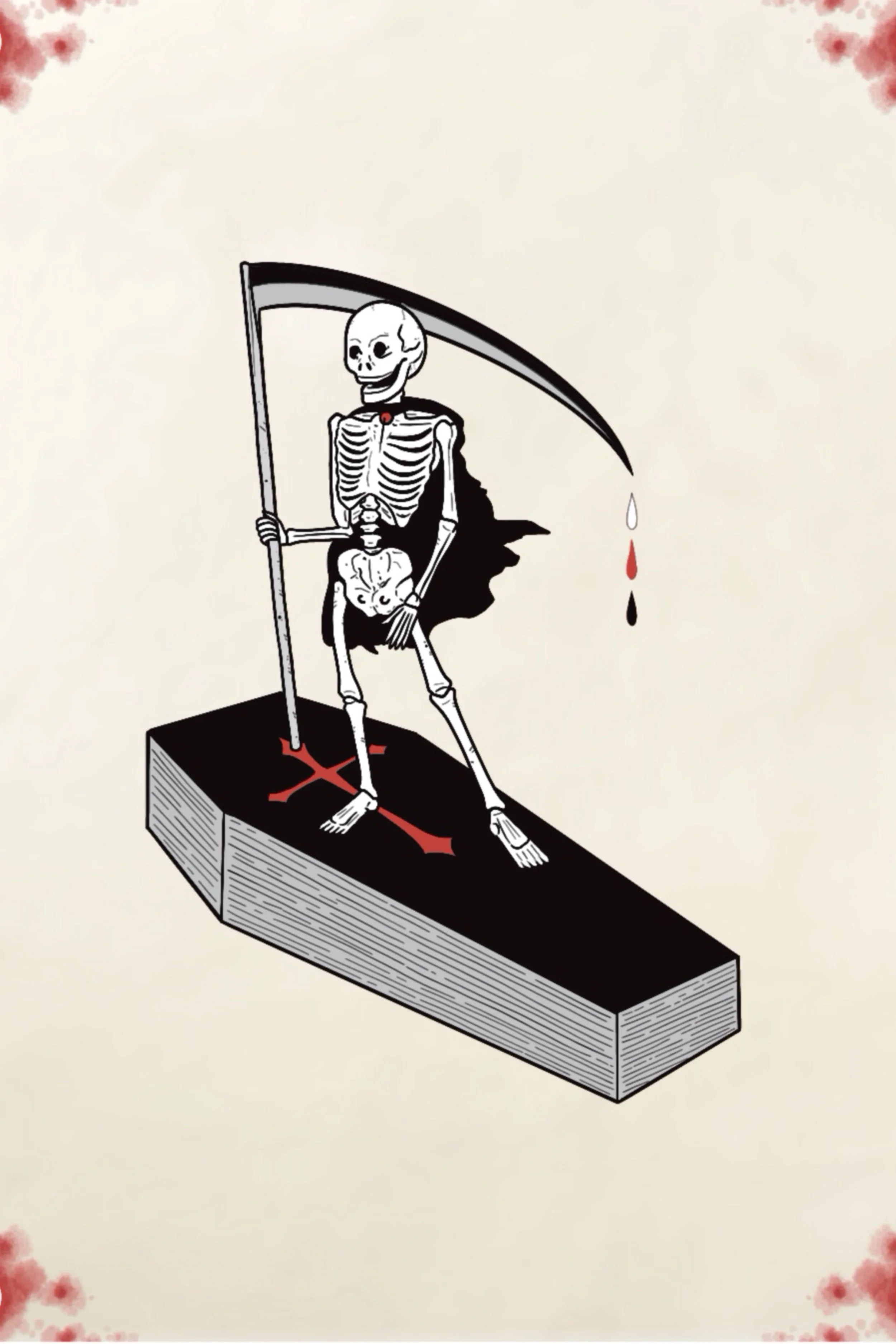 Skeleton with a scythe standing on a coffin, dripping blood, medieval memento mori tattoo flash design