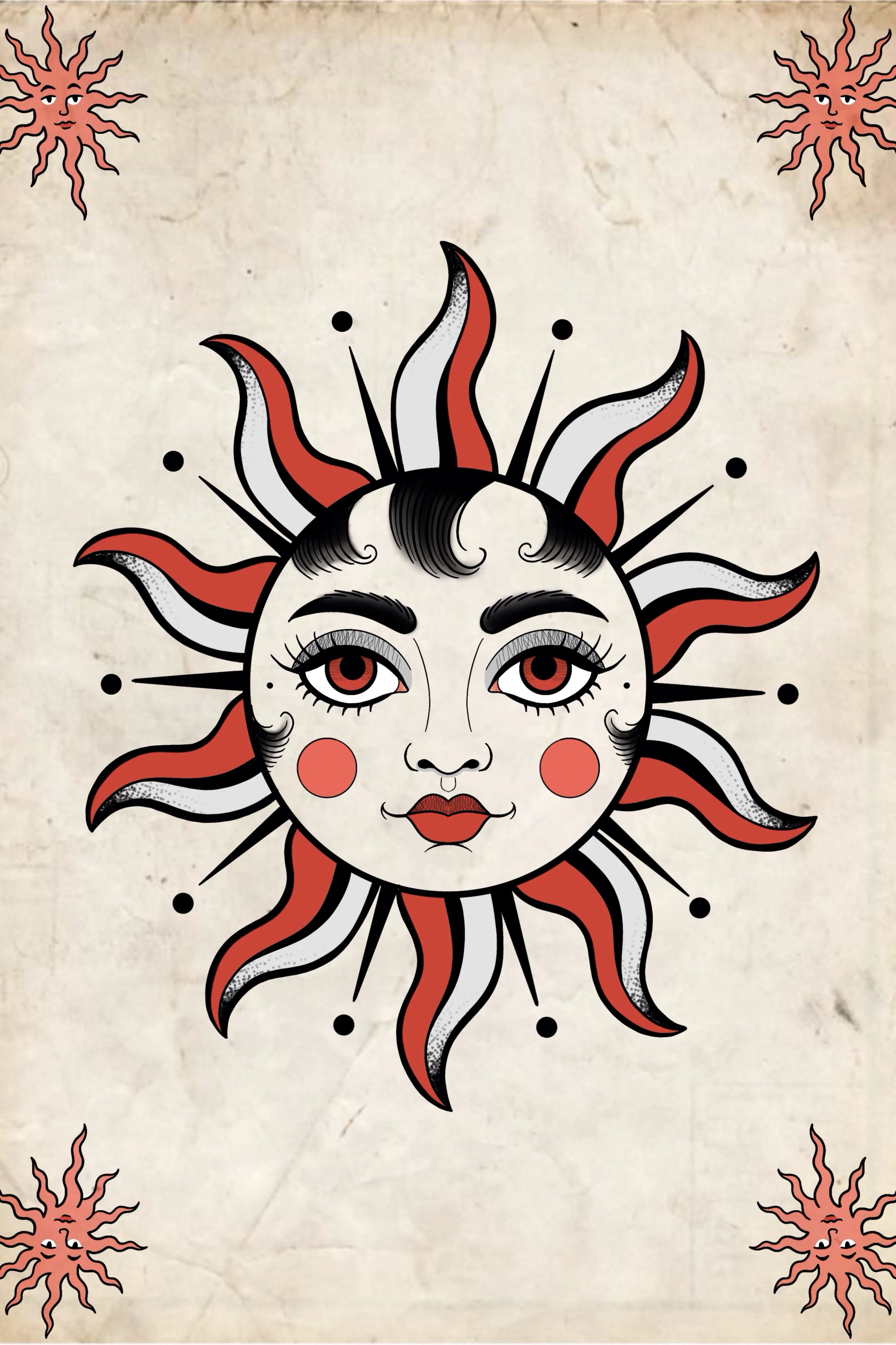 Sun face tattoo flash design with red and grey flame-like rays and red cheeks, medieval illustration style