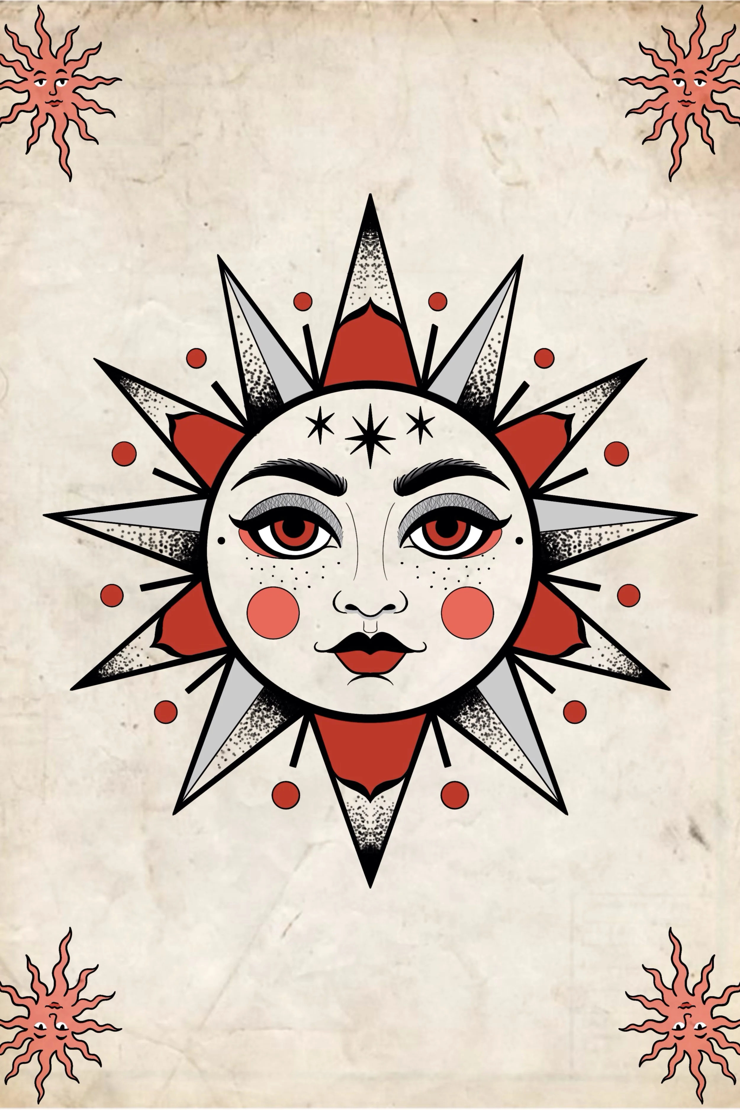Sun face tattoo flash design with red and grey starburst rays, illustrated in medieval manuscript style