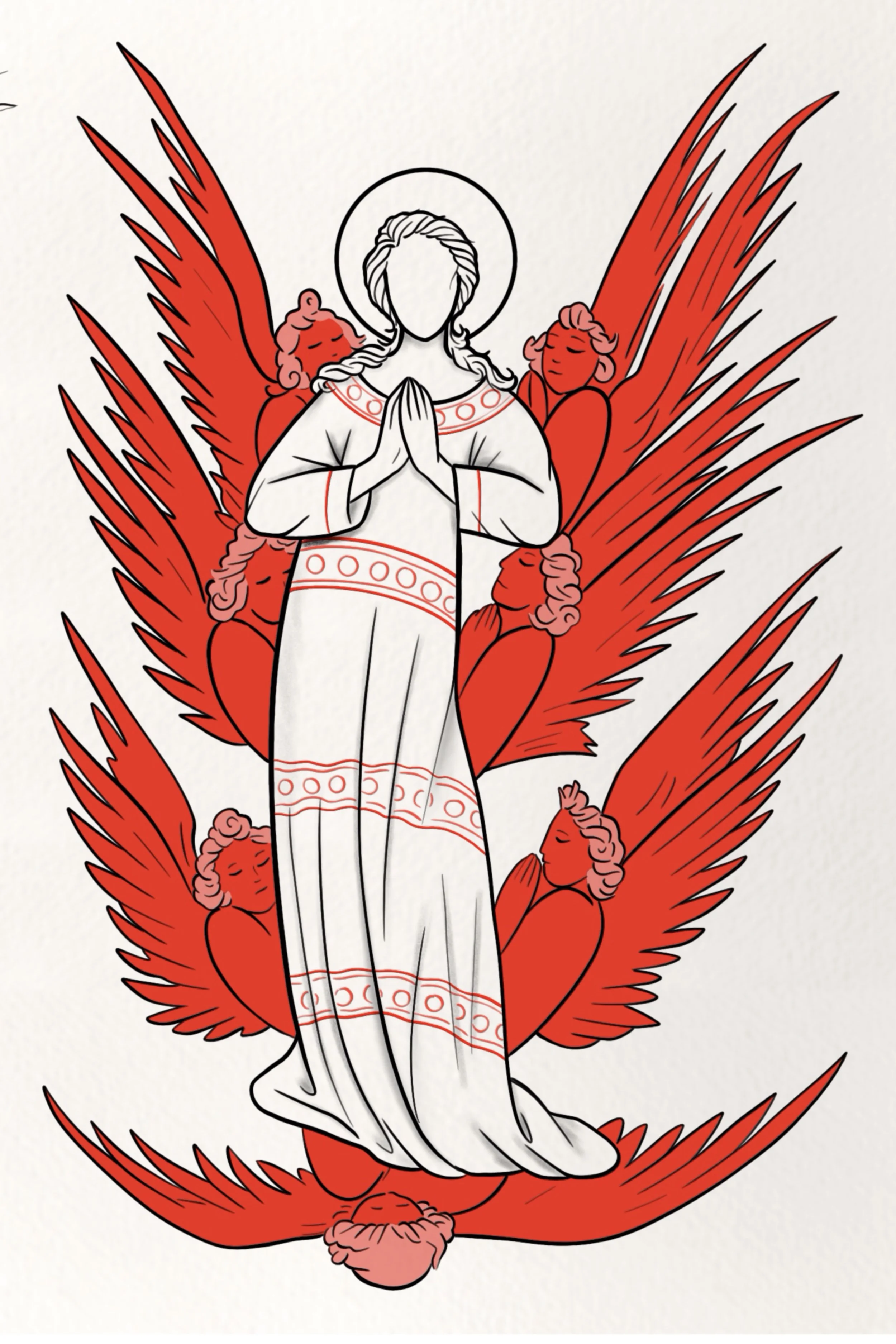 Praying robed figure with large red wings and cherub faces, medieval religious tattoo flash