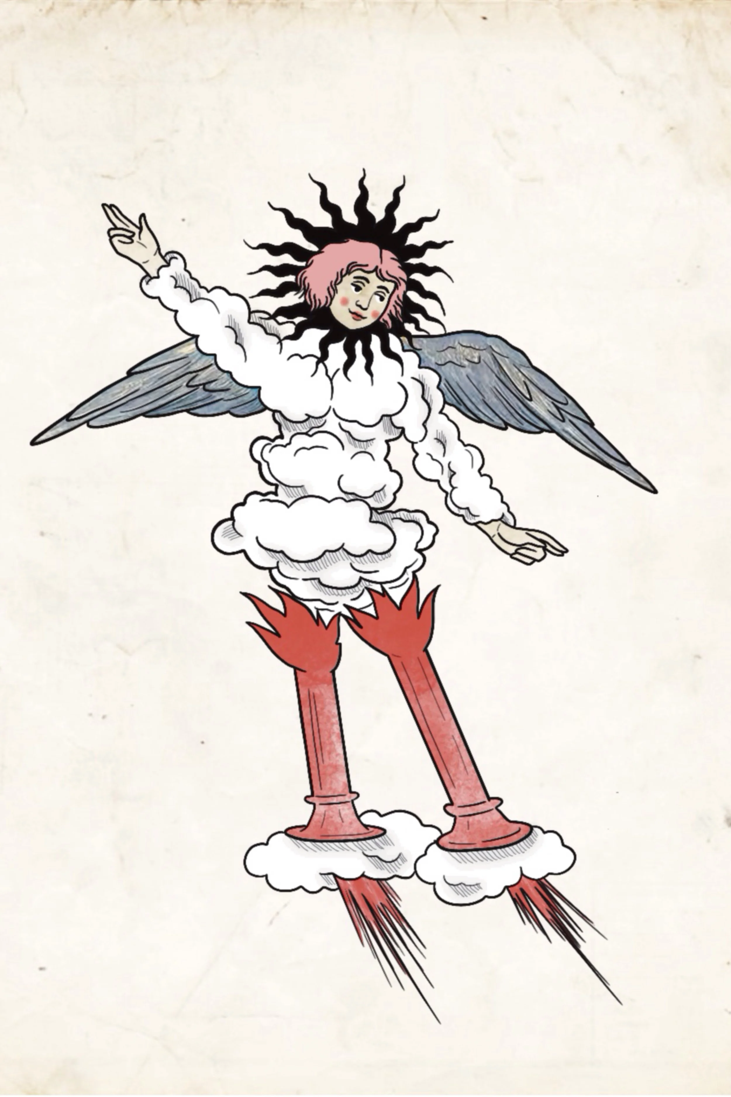 Sun-headed angel figure with cloud body and flame-like red legs, surreal tattoo flash design