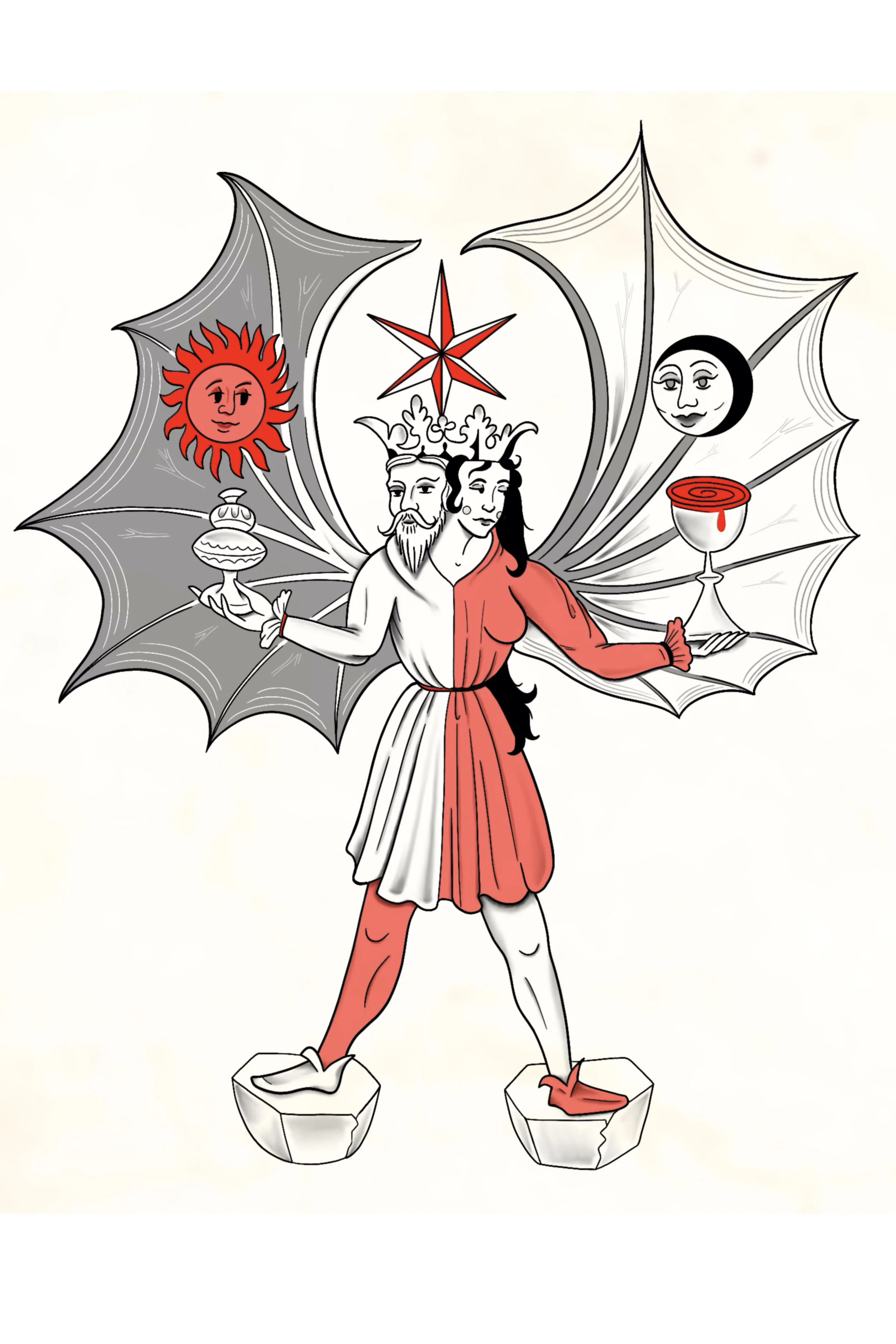Crowned king and queen figures with wings holding sun and moon symbols, medieval tattoo flash illustration