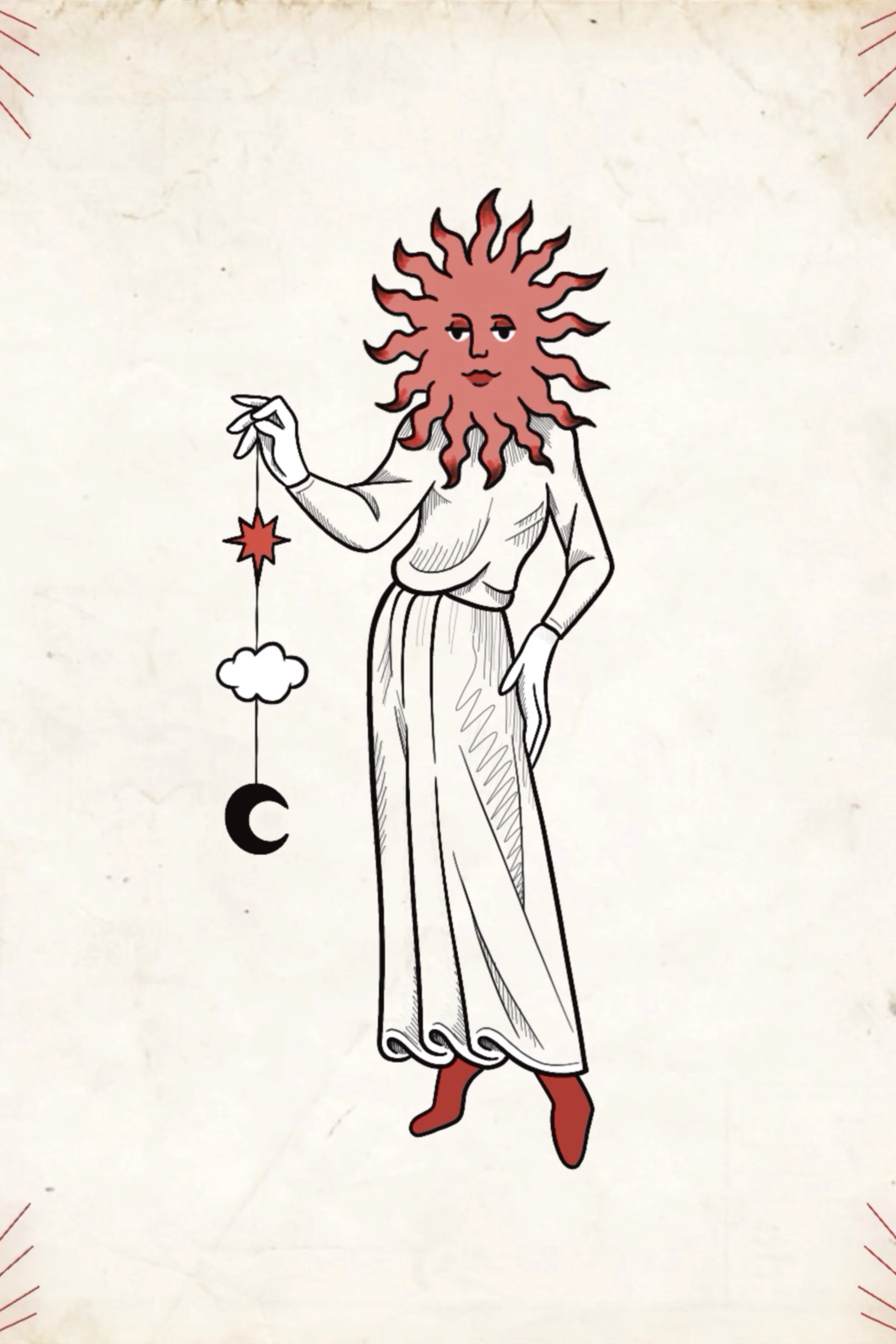 Sun-faced robed figure holding a moon and star on a string, medieval illustration tattoo design
