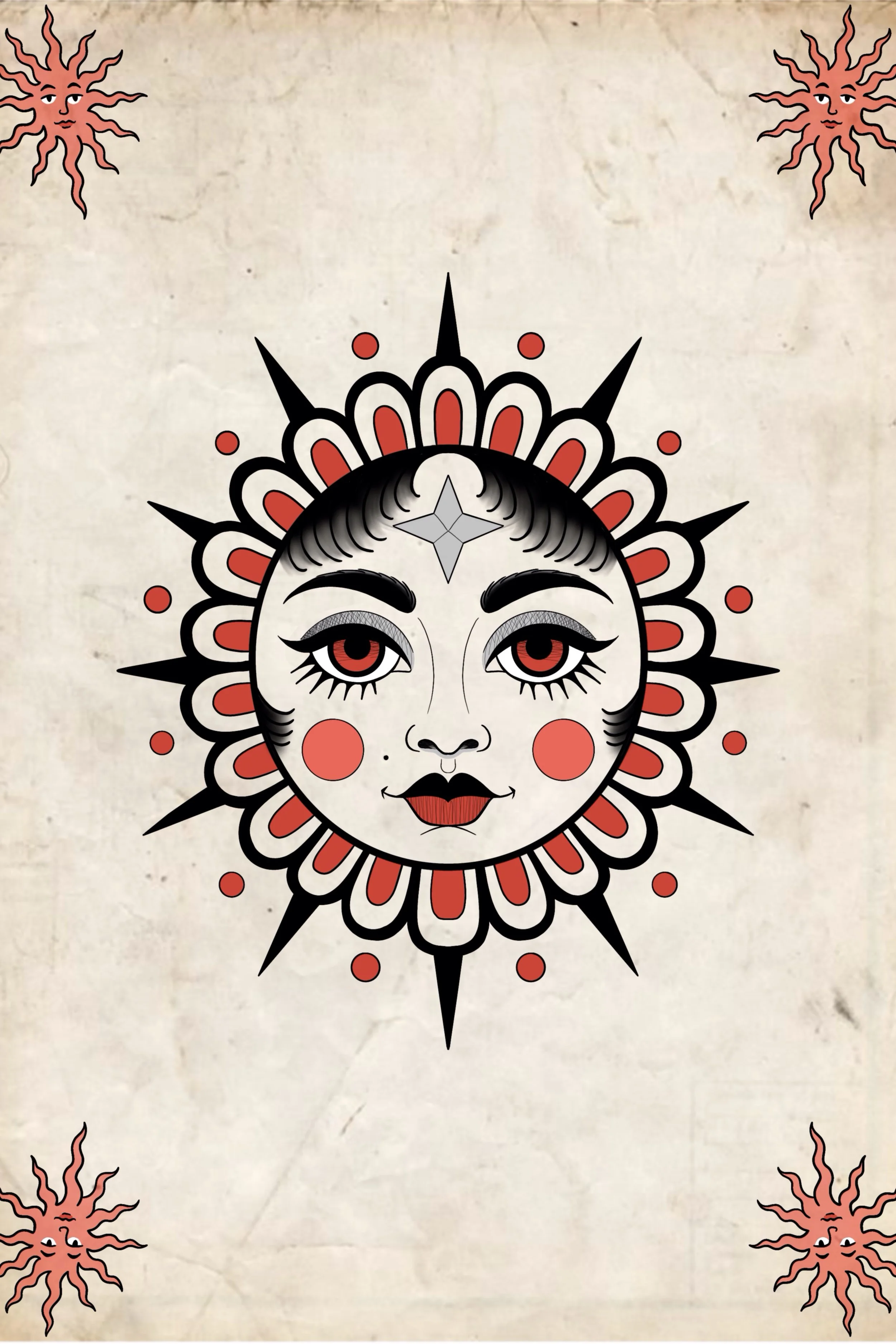 Sun slavic folklore face tattoo flash design with red and grey rays, medieval illustration style