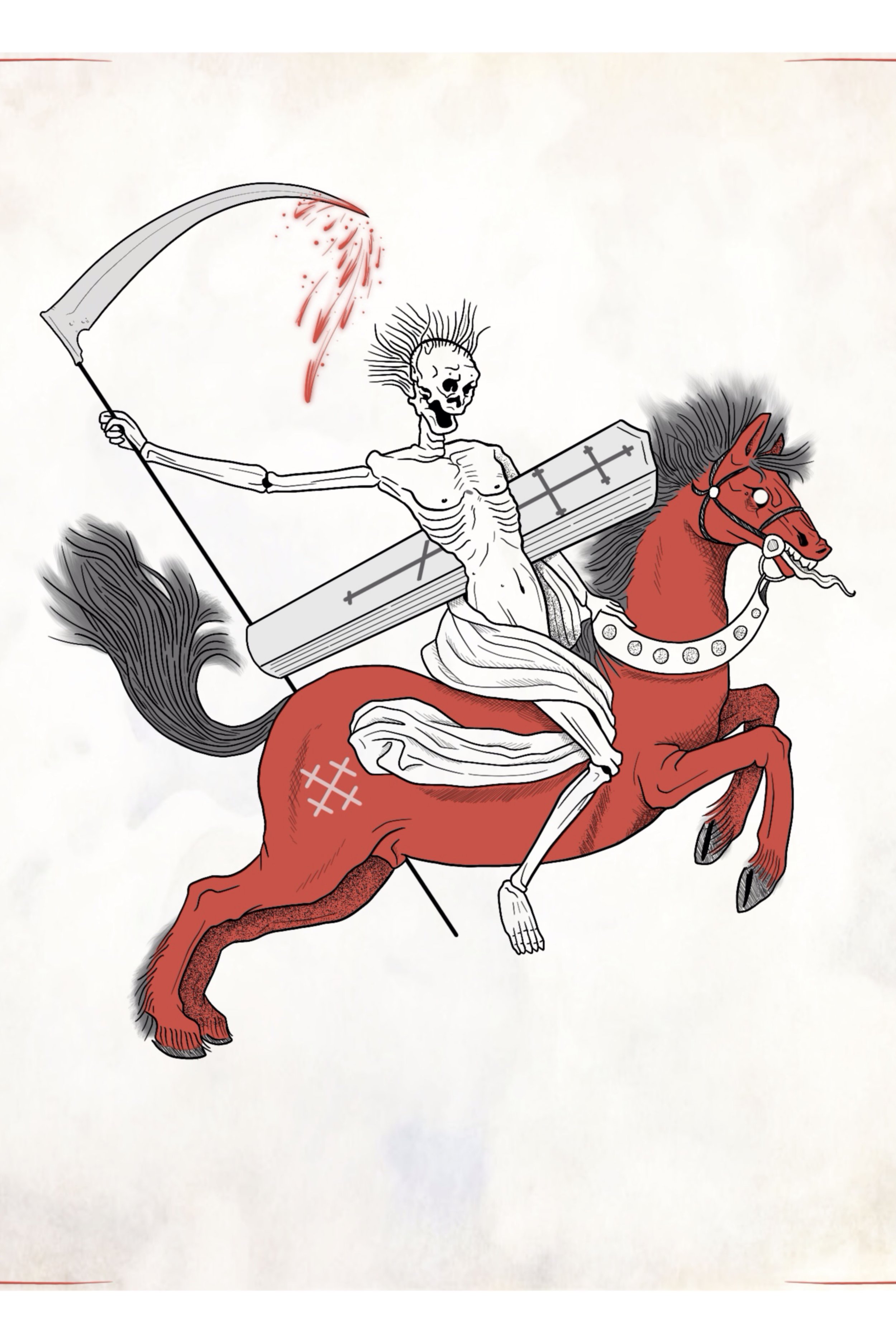 Grim reaper skeleton riding a red horse with a bloody scythe, medieval tattoo flash design