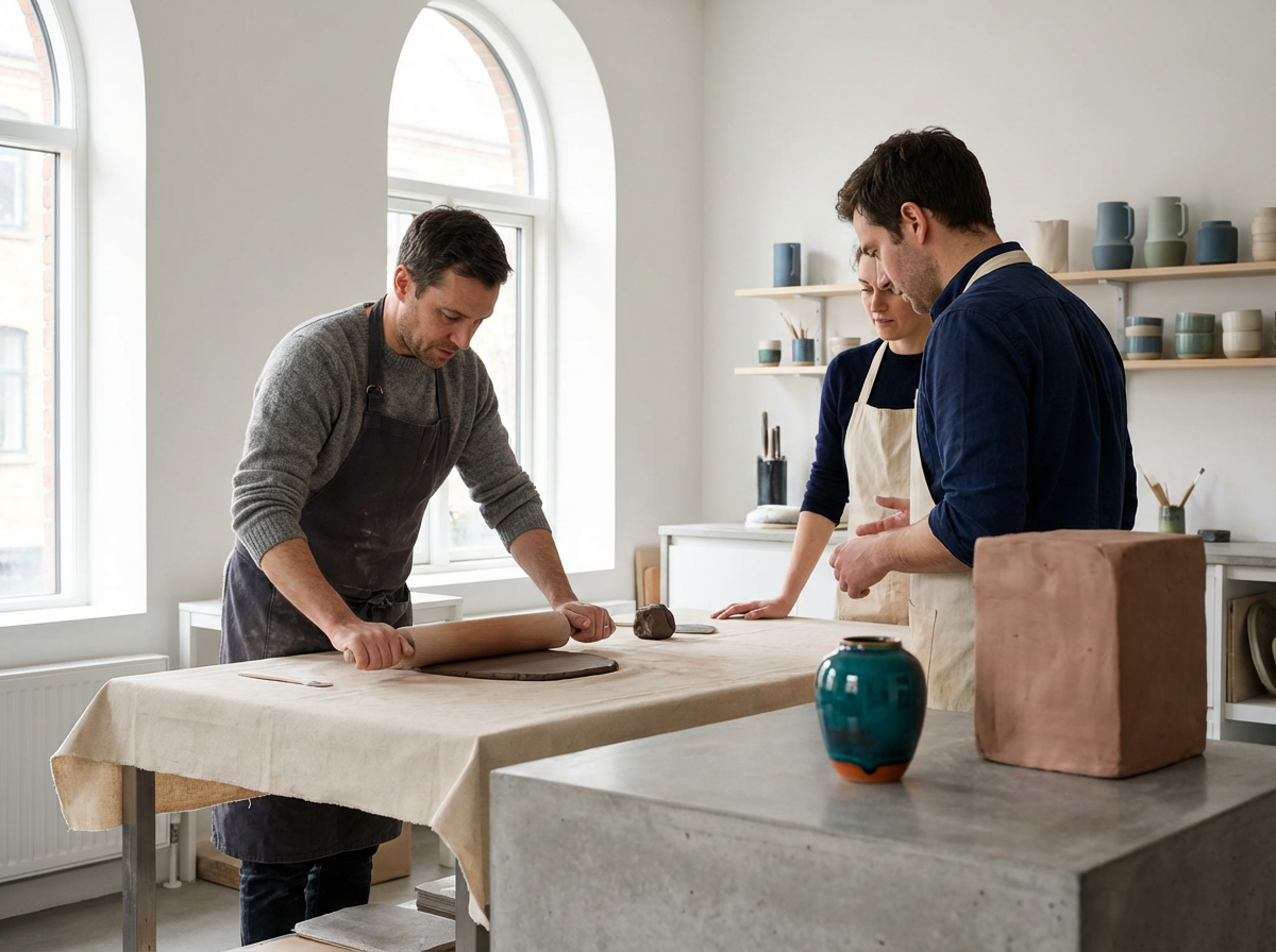 Three people in aprons in a bright ceramics studio, working with clay and pottery tools on a large table.