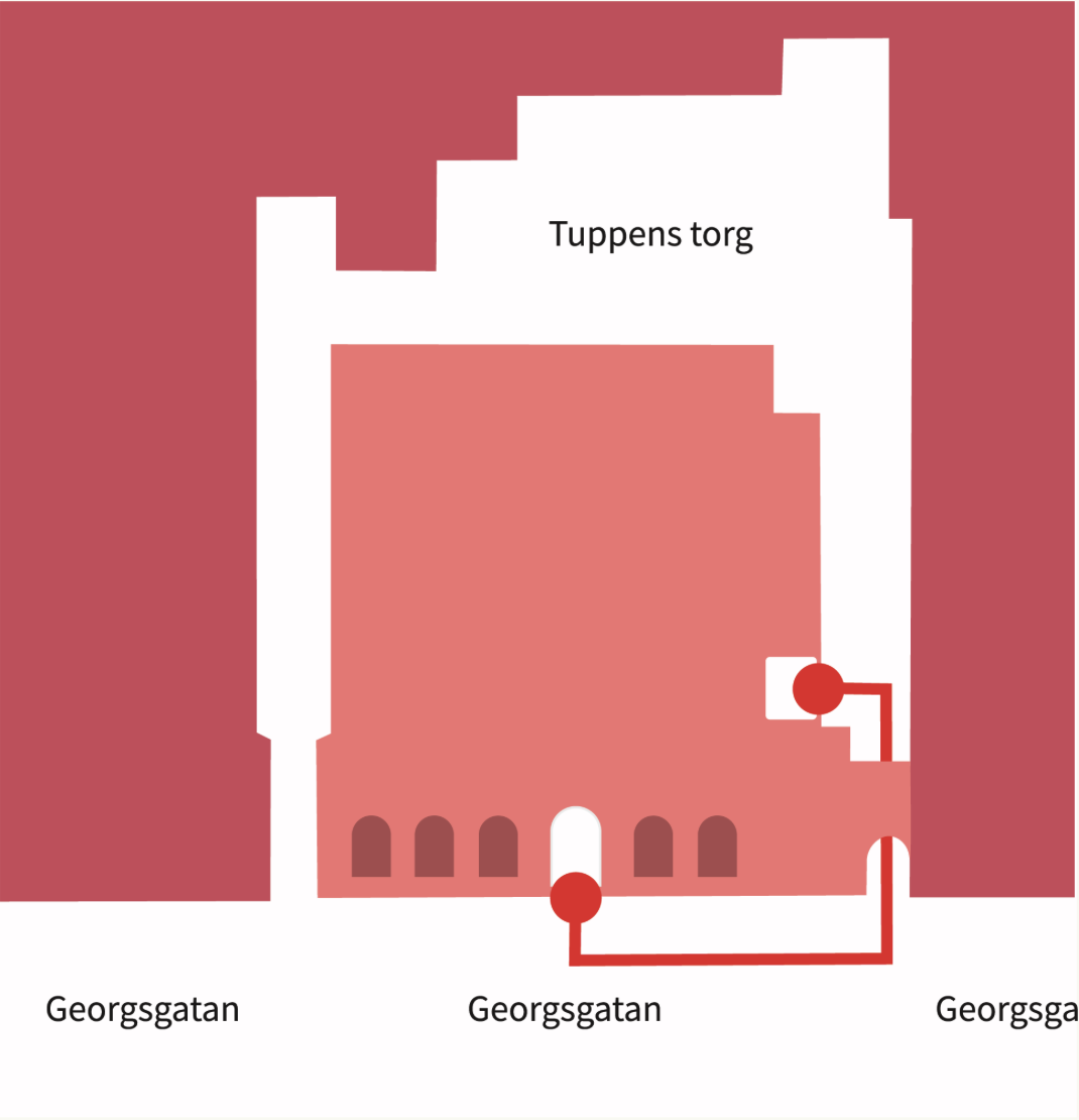 Beskrivning av hur en hittar fram till den tillgängliga ingången på Luckan Helsingfors.