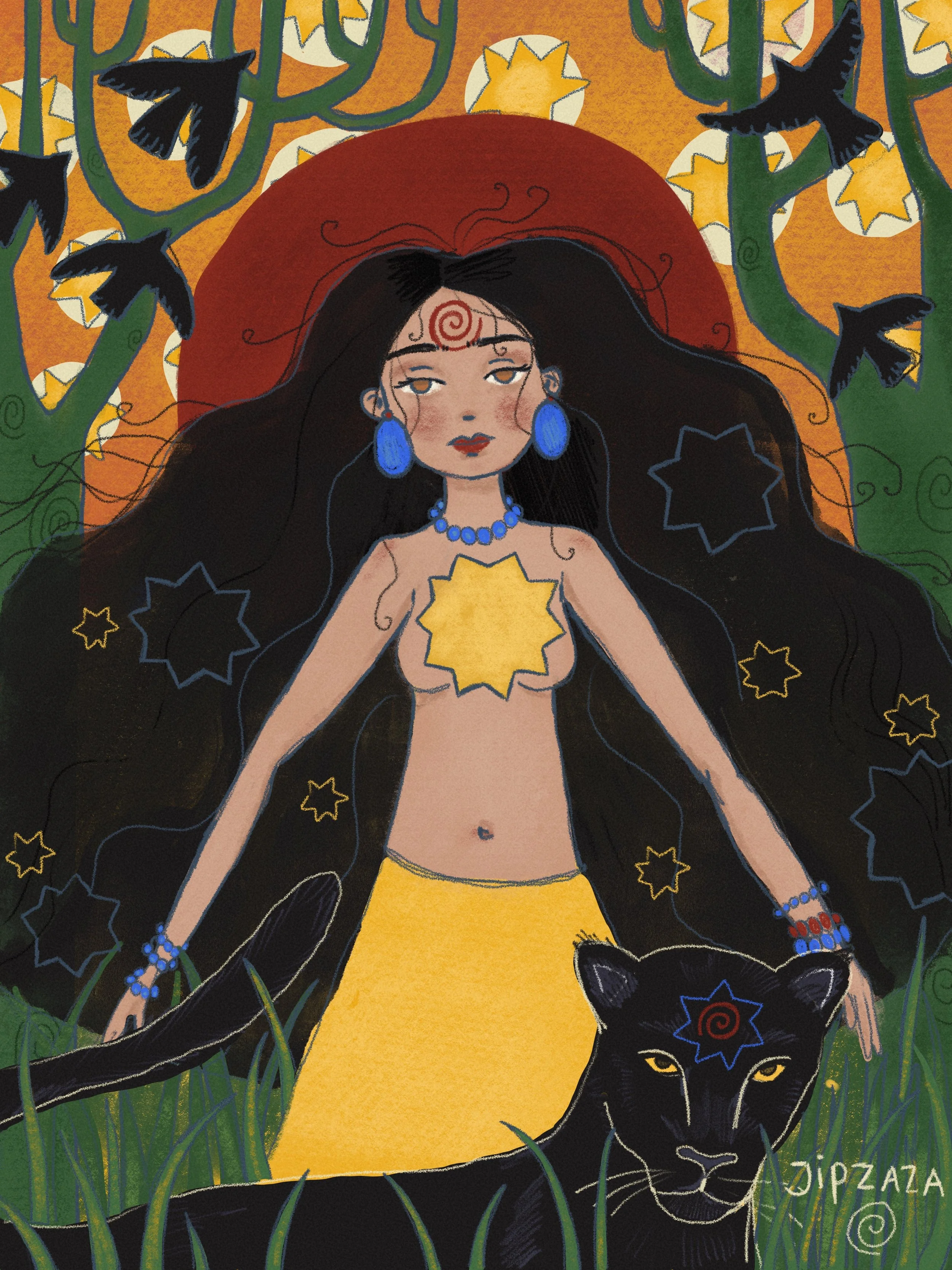 An artistic illustration of a woman with long black hair, large blue earrings, a blue necklace, and a yellow skirt, lying in tall green grass with a black panther at her side, set against a vibrant orange background decorated with yellow stars and floating black birds.