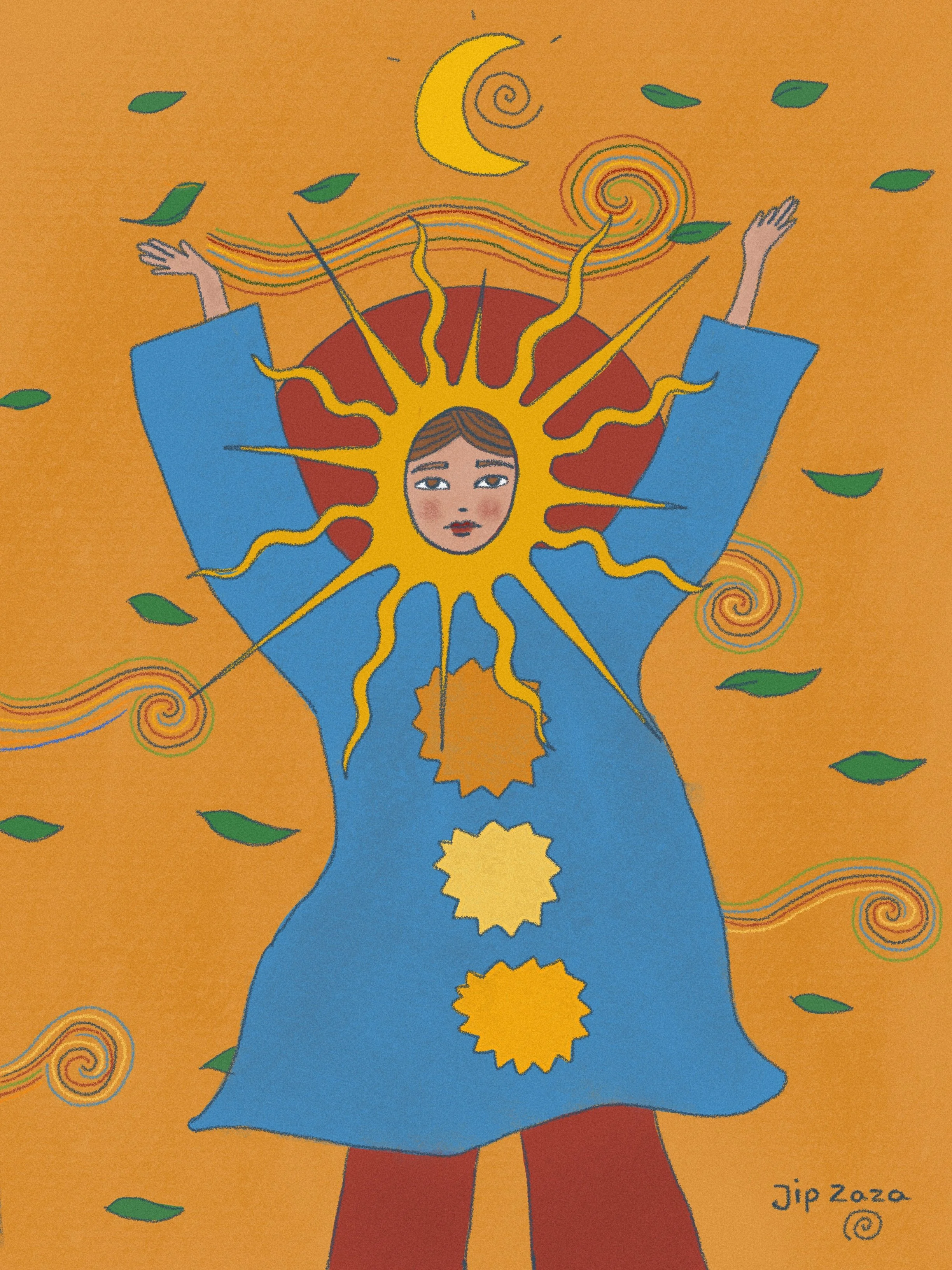A stylized illustration of a person with a human face, wearing a blue dress with yellow sun and star motifs on the chest, and arms raised. The background is orange with green leaves and spirals, depicting a celestial and natural theme. The artist's signature is in the bottom right corner.