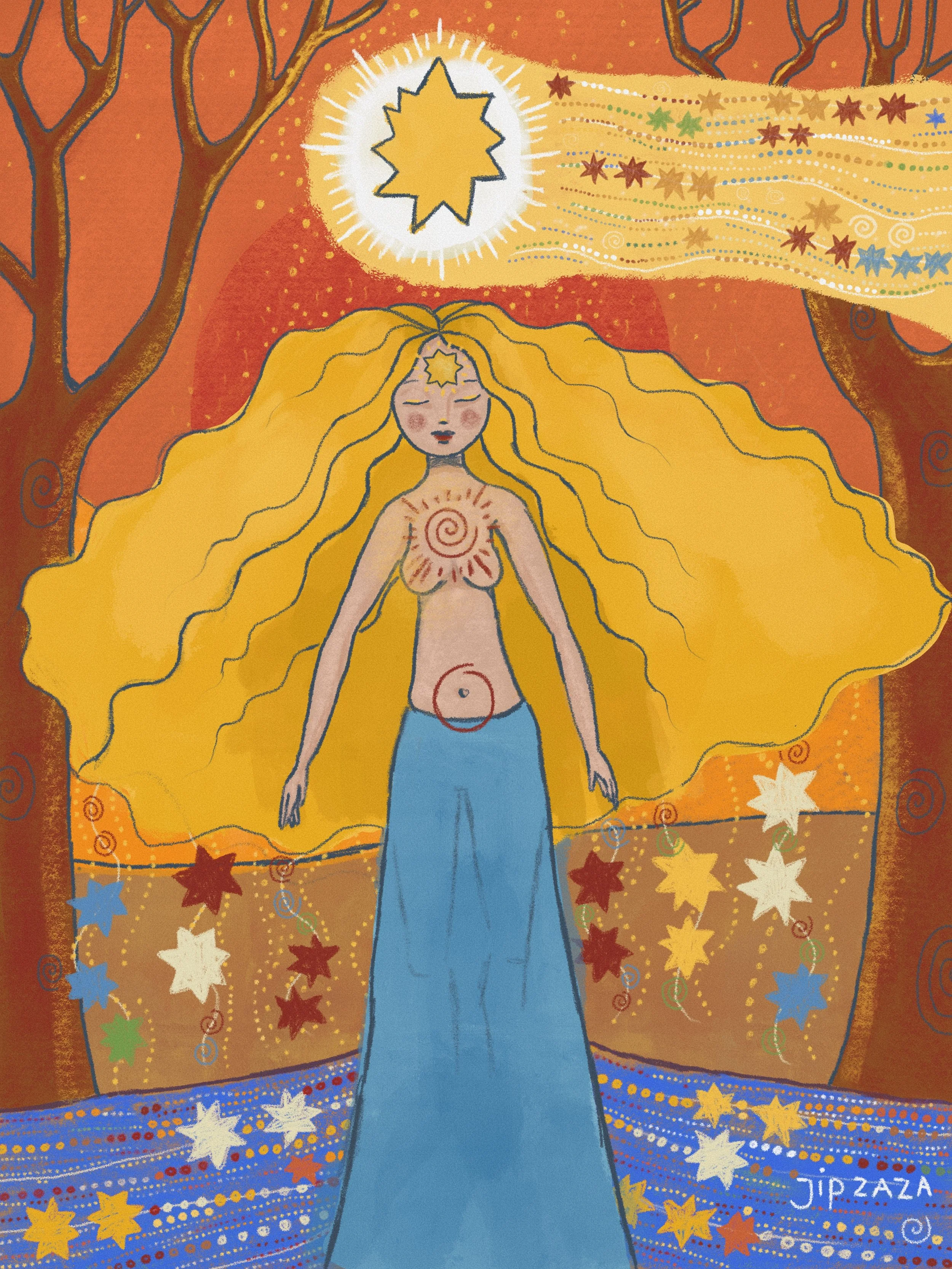 A colorful, abstract illustration of a woman with long yellow hair, a star on her forehead, and a spiral pattern on her chest. She stands surrounded by a vibrant background of stars, swirls, and patterns in warm tones of red, orange, and yellow.