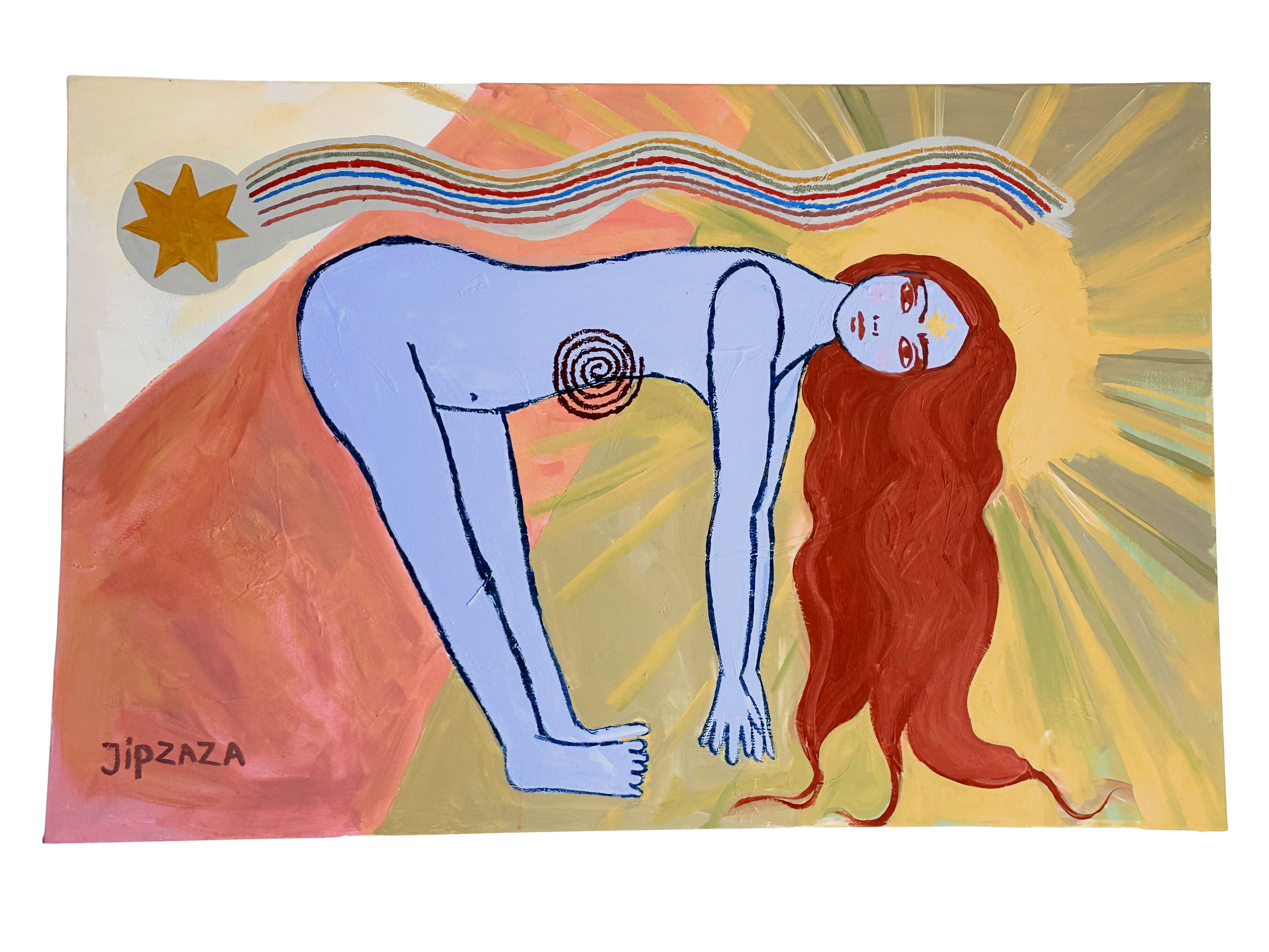 A colorful painting of a woman with red hair lying on the ground with her eyes closed and a star on her forehead. The background features flowing lines and radiating rays of yellow, orange, and green. A gold star in a gray circle appears to the left of her head, and the name "JIPZAZA" is written in the bottom left corner.