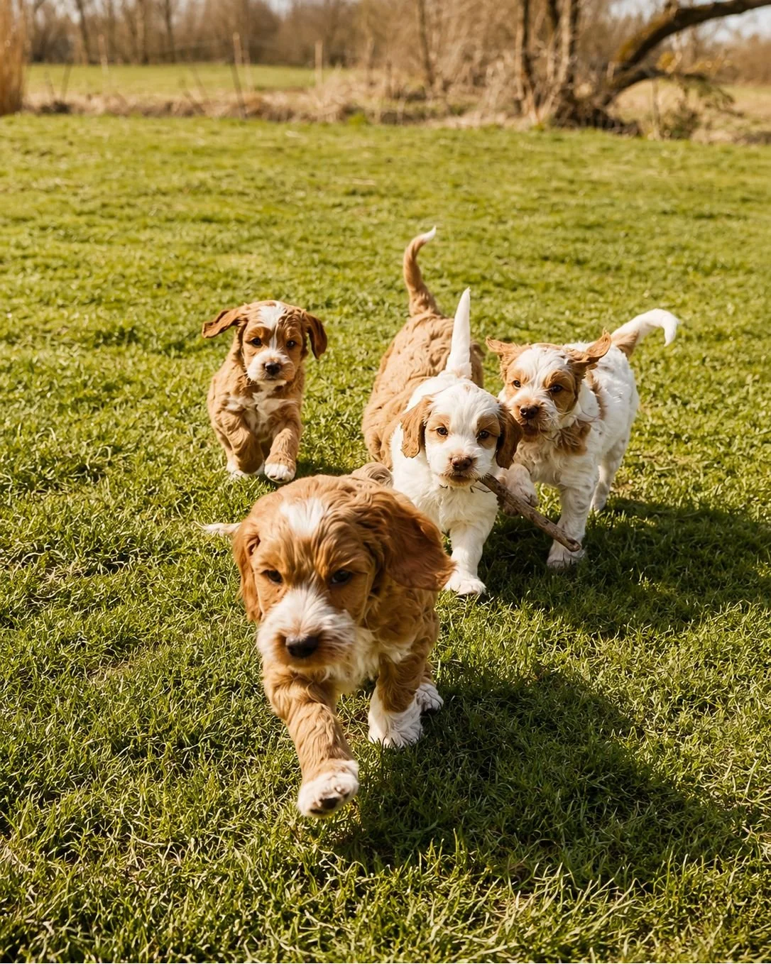 Five Cobberdog puppies running on a grassy field on a sunny day.