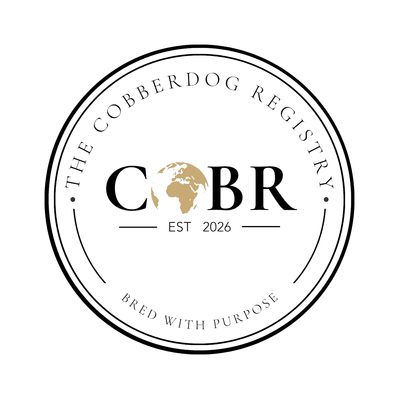 Logo with a circular black border and a gold and black globe in the center. Text around the circle reads 'The Cobb Registry,' abbreviated as 'C.B.R.' inside the circle, and 'EST 2026' below the globe. The slogan 'Bred with Purpose' appears at the bottom.