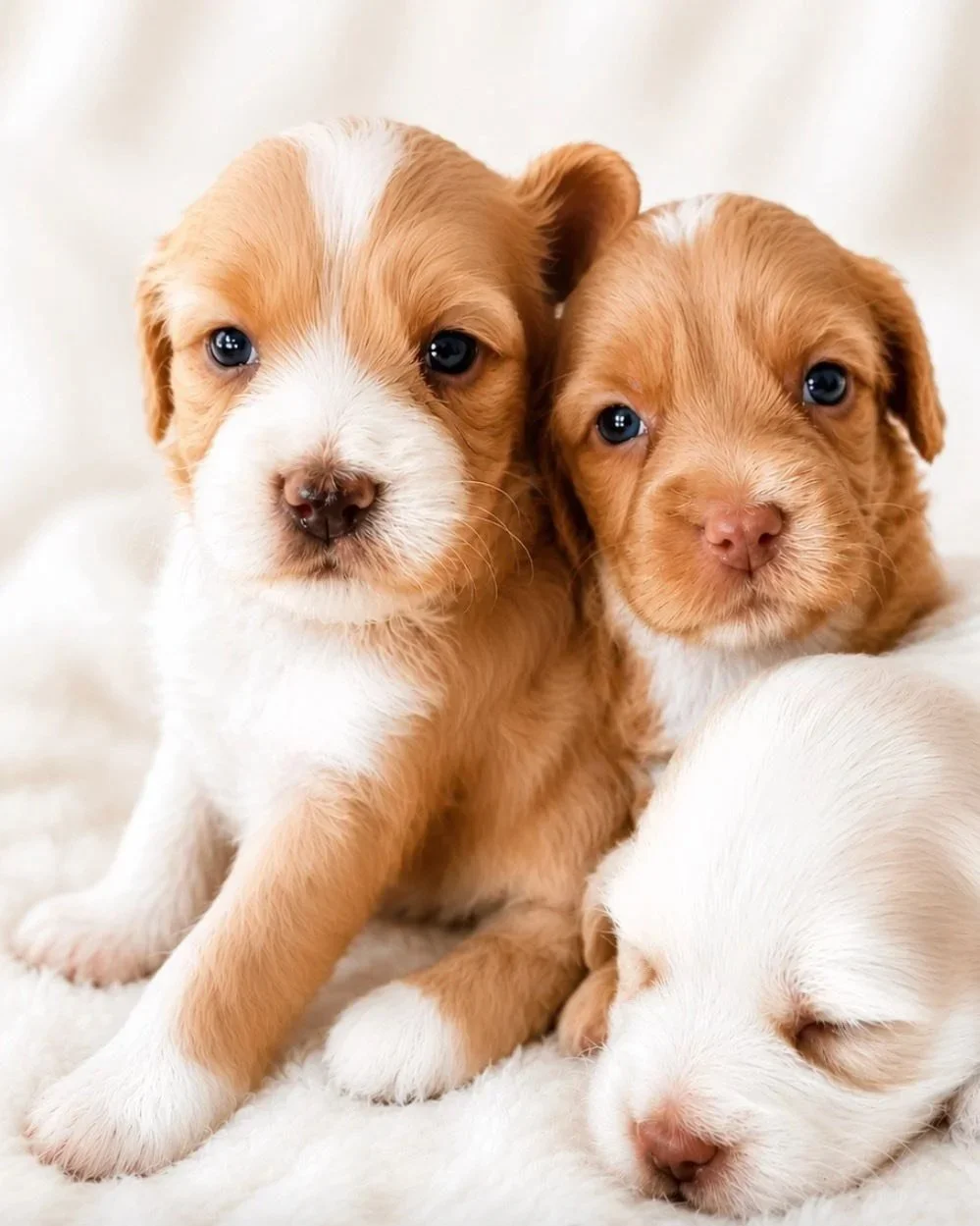 Three adorable Australian Cobberdog puppies, two awake and one sleeping, on a soft white surface. The cobberdog puppies have caramel coats