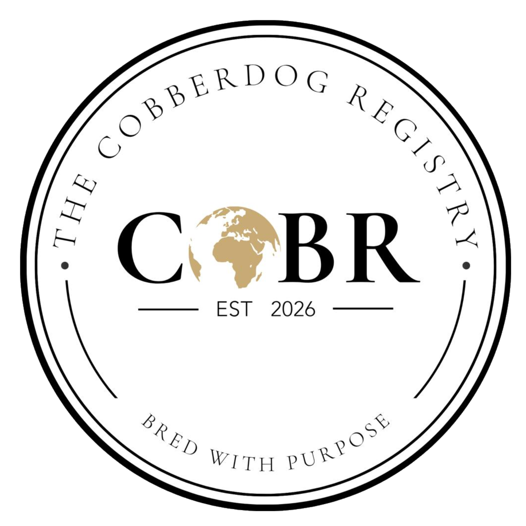 Logo for The COBBERDOG Registry featuring a globe with Africa and Europe, established in 2026, with the slogan 'Bred with Purpose'.