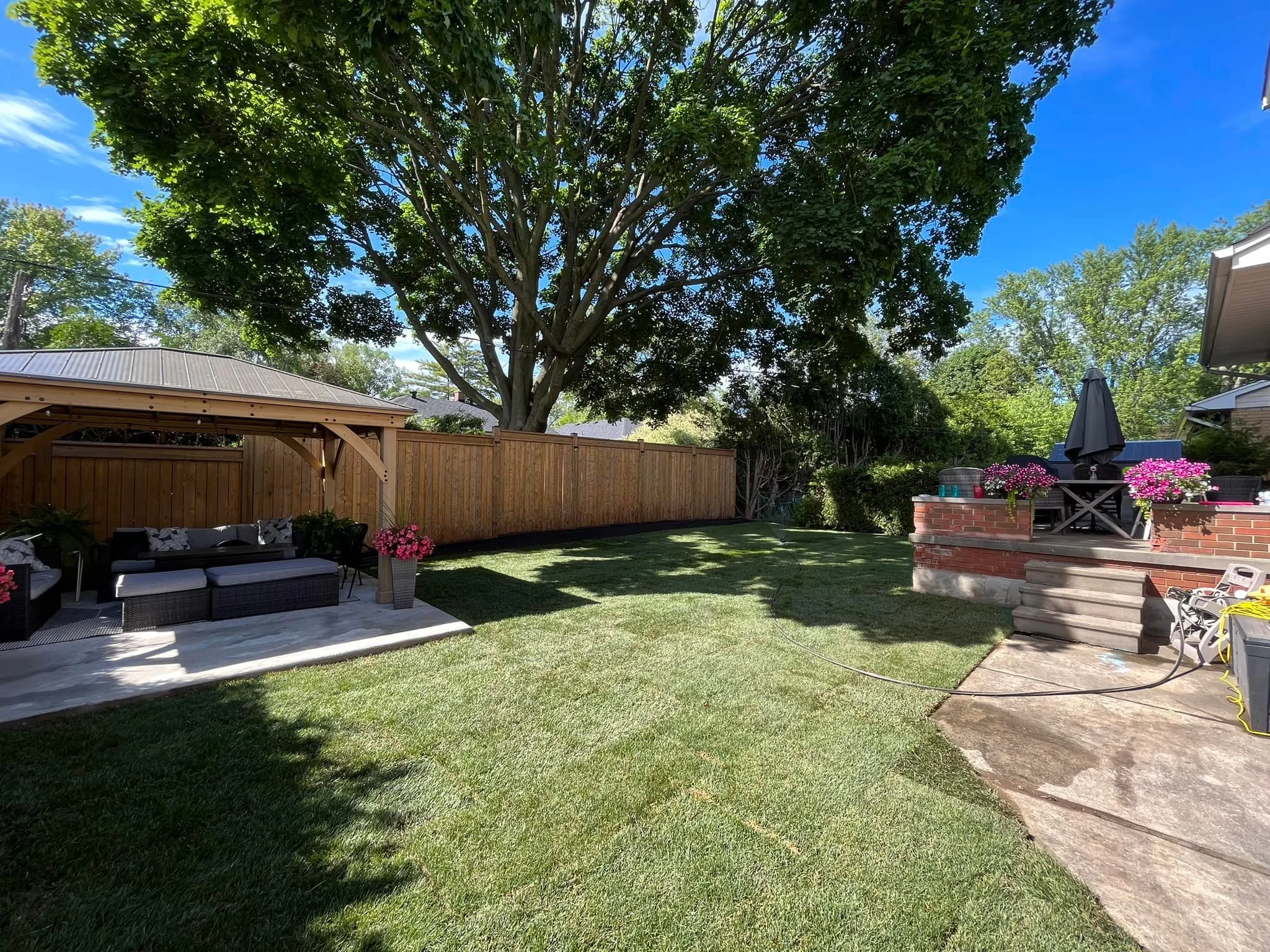 A backyard with a large leafy tree, a wooden fence, a sitting area with outdoor furniture, potted flowers, a patio with a brick border, and an umbrella. There is a clear blue sky and some neighboring trees.