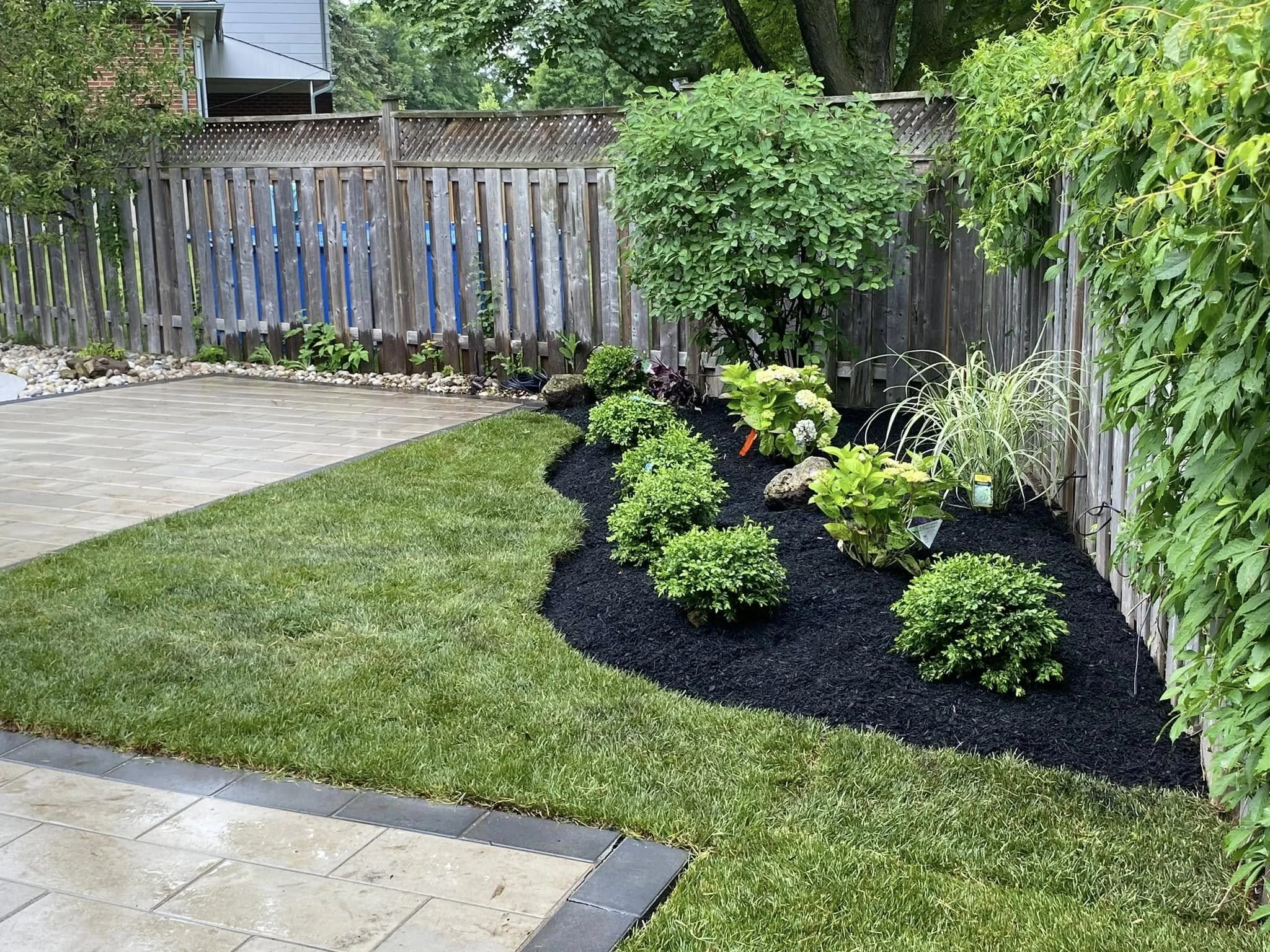 A backyard with a wooden fence, a tree, shrubs, flowering plants, a small flower bed, a tiled patio, and grass.