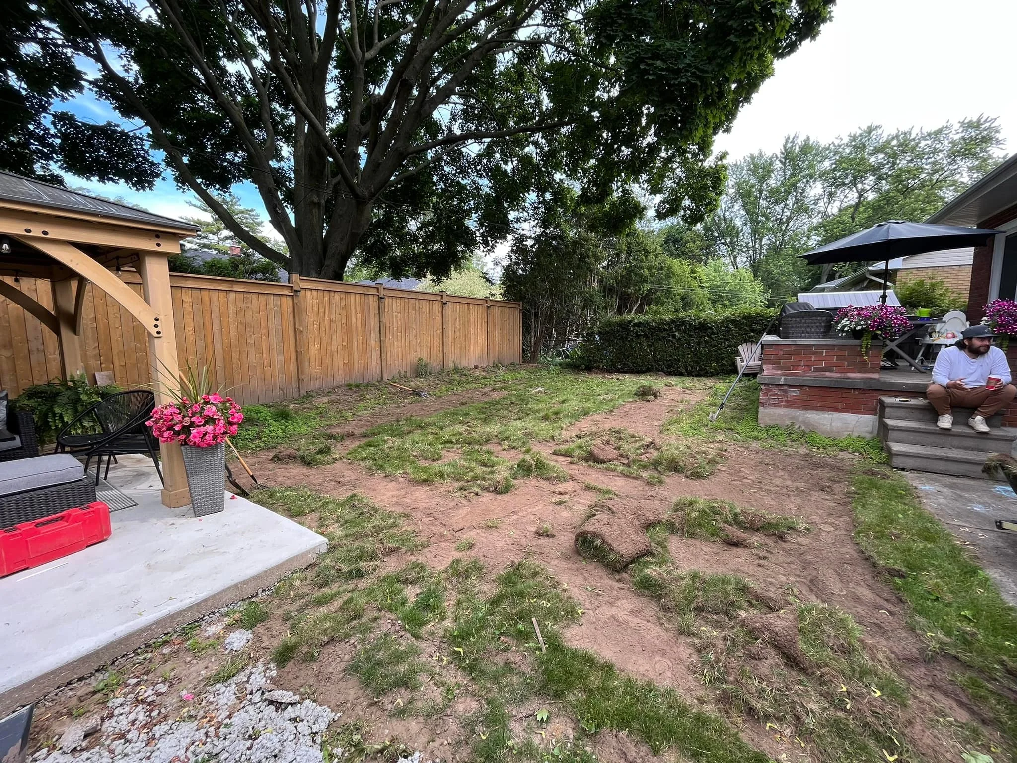 Backyard with a wooden fence, a large tree with thick branches, a deck with an umbrella, a man sitting on steps with a drink, and landscaped flowers.