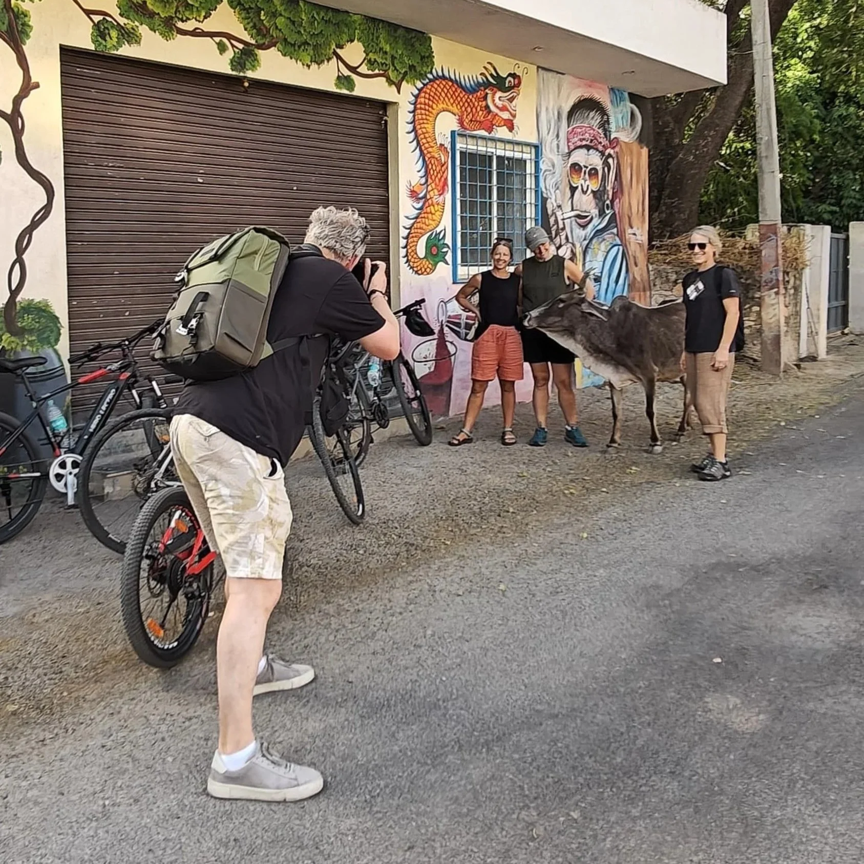 Four people are standing in front of a colorful mural on a building wall, with one person taking their photo. One person has a bicycle, and there is a goat present. The mural features a dragon, a skull with hair, and a large portrait of a man with a bandana, sunglasses, and a cigarette. The scene is outdoors, with trees and a fence nearby.