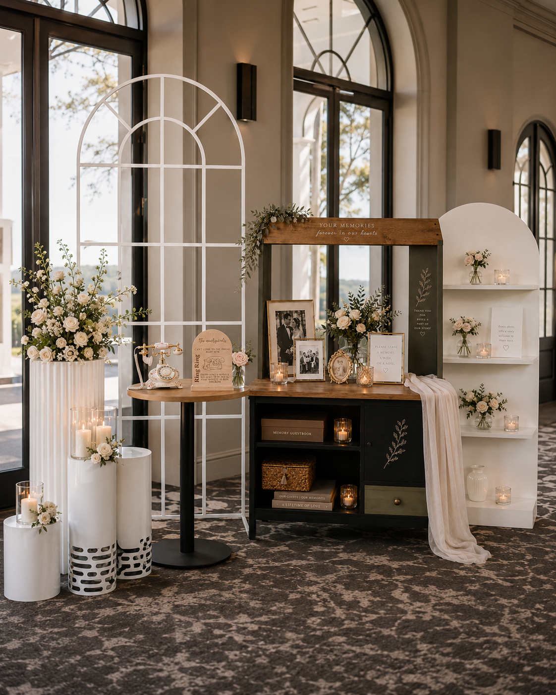 Elegant wedding memory table with flowers, candles, framed photos, and vintage decor near large windows.
