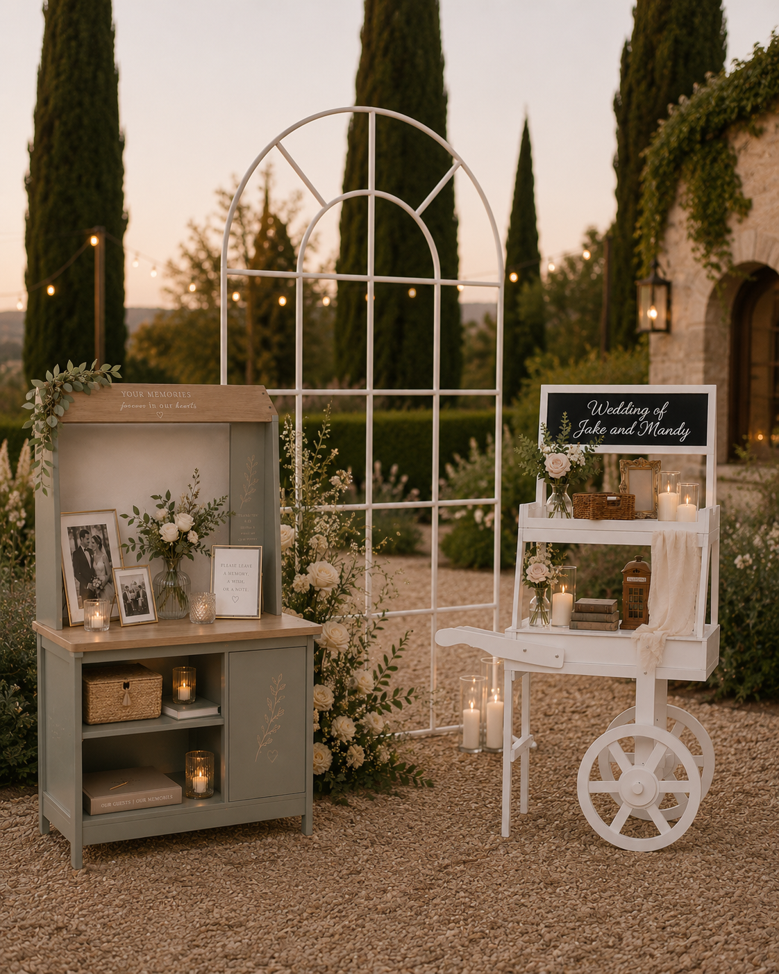 memory stand, white metal arch and garden cart.png