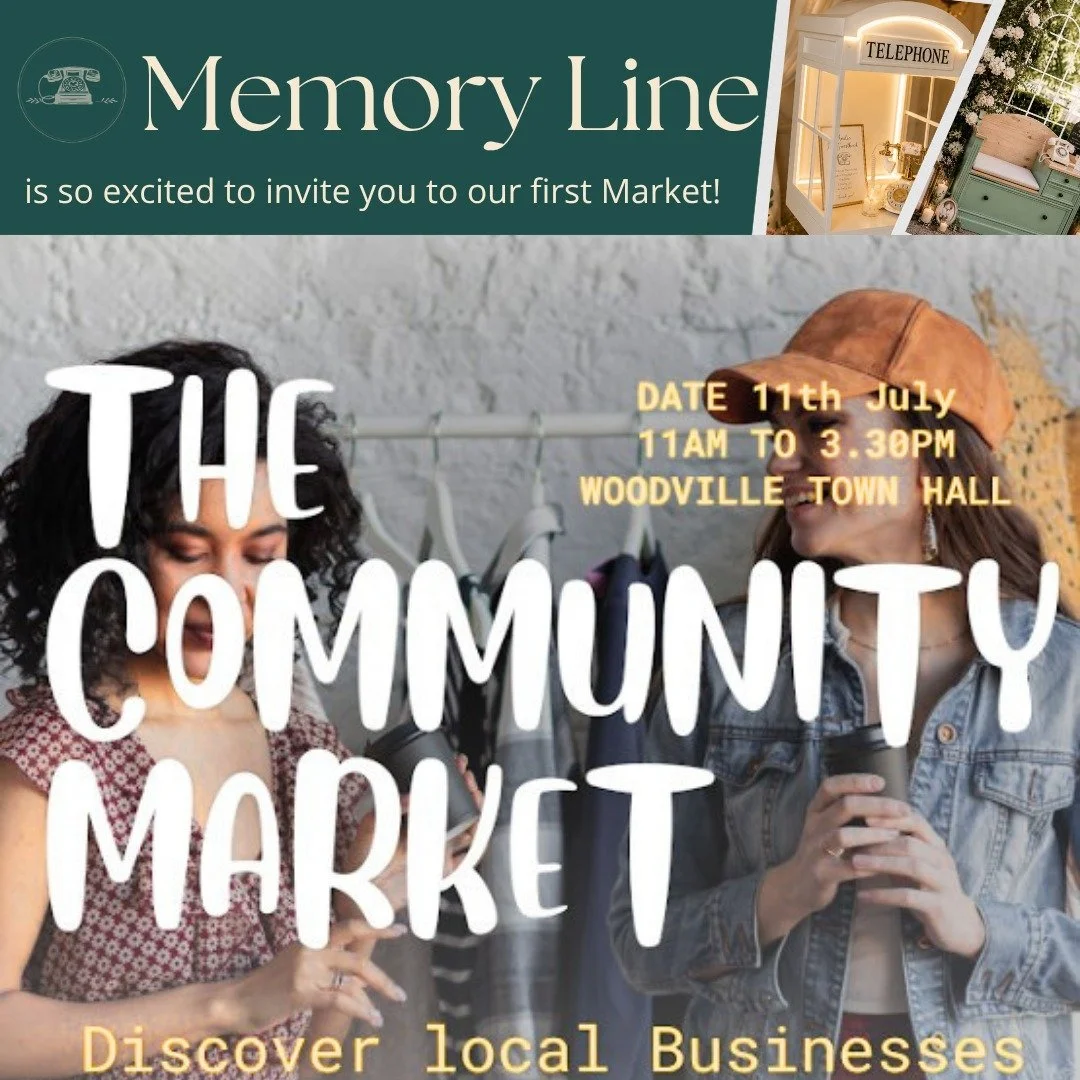 Memory Line is launching at a market!! 
📍Woodville Town Hall 11th July 11am-3pm
Come see Memory Line in person! ✨
✔️ View our Audio Guestbook phones up close
✔️ Explore our beautiful backdrop options
✔️ Meet the face behind Memory Line
✔️ Browse art