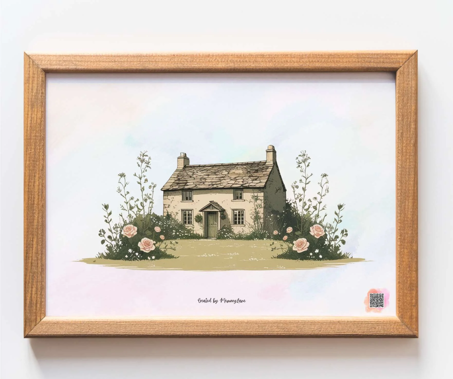 A framed illustration of a cottage house surrounded by flowers and greenery, with a white background and a small QR code in the bottom right corner.