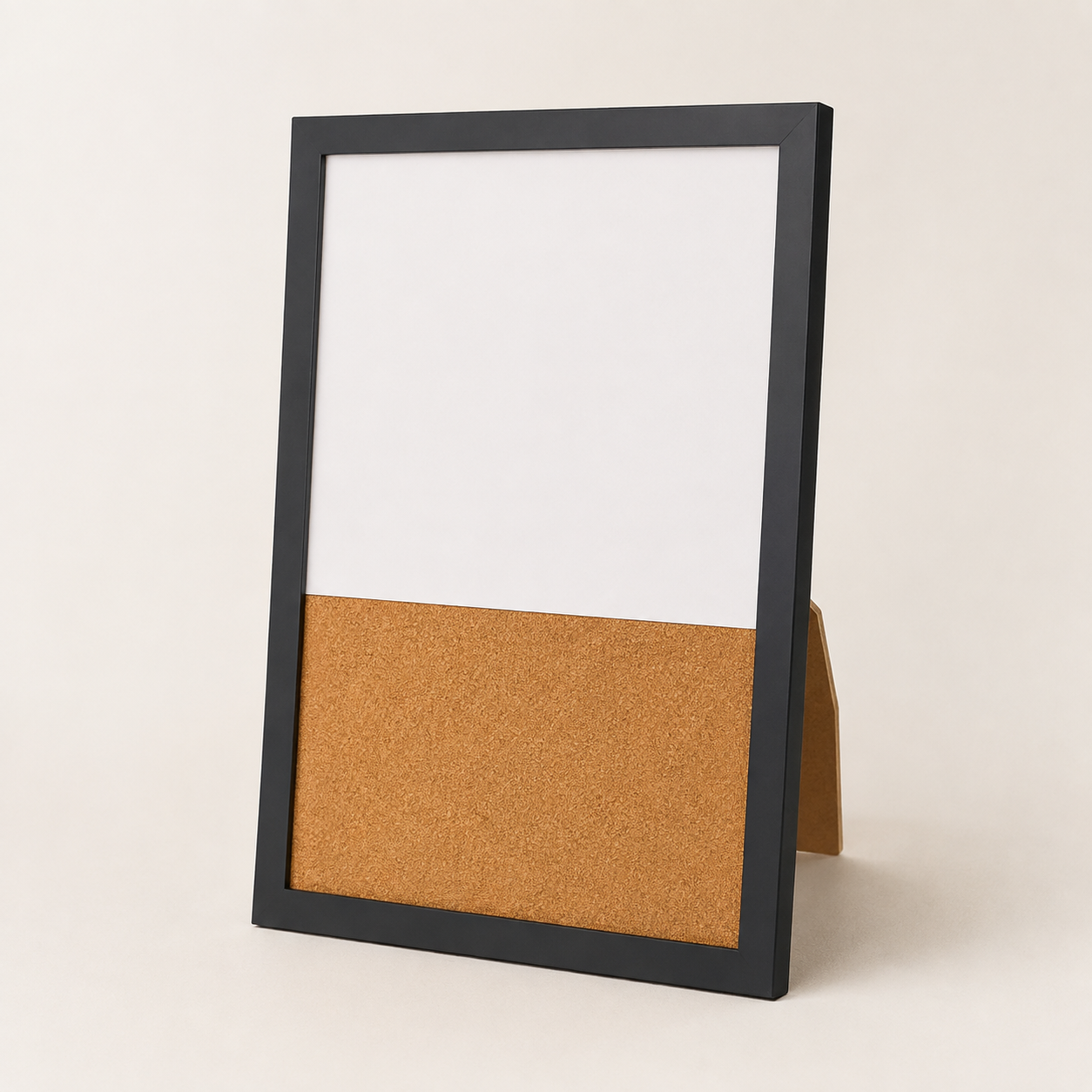 Black-framed corkboard stand with a blank whiteboard and cork section, set against a white background.