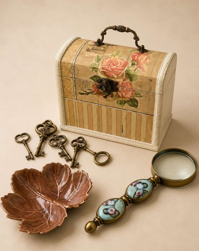A decorative vintage box with pink roses and striped patterns, a set of old-fashioned keys, a copper-colored leaf-shaped dish, and a magnifying glass with a floral design handle on a neutral background.