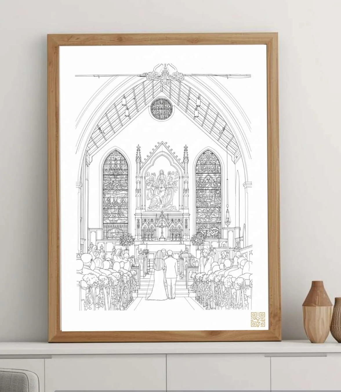 Line drawing of a wedding ceremony inside a church, with a bride and groom walking down the aisle towards the altar, which is decorated with religious art and stained glass windows.