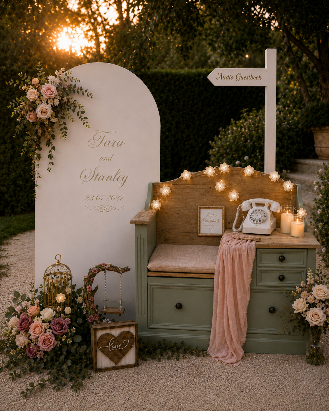 garden romance customised backdrop sage chair styling and directional signpost.png
