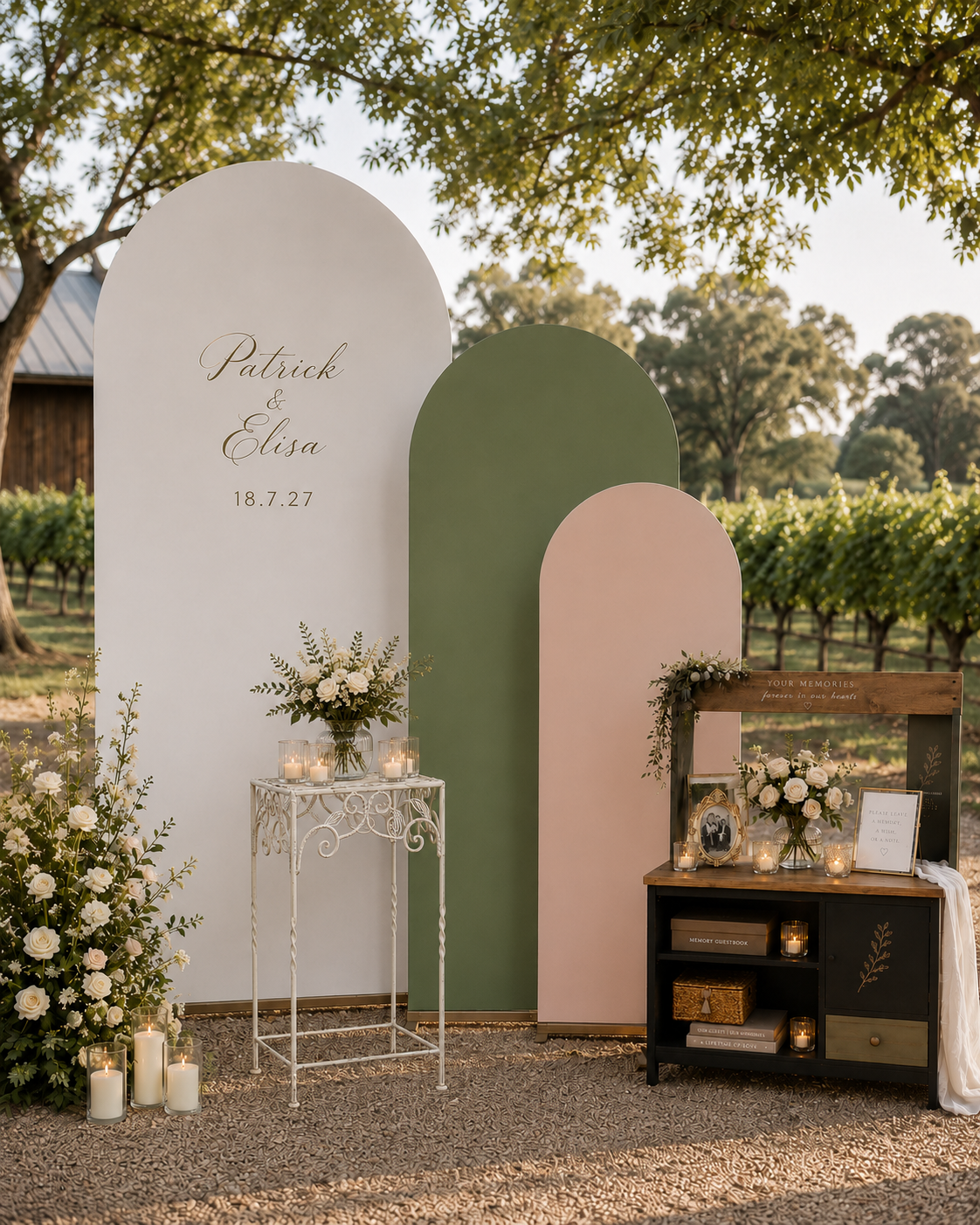 Wedding decorations with colored arches, floral arrangements, candles, and framed photos outdoors in a vineyard setting.