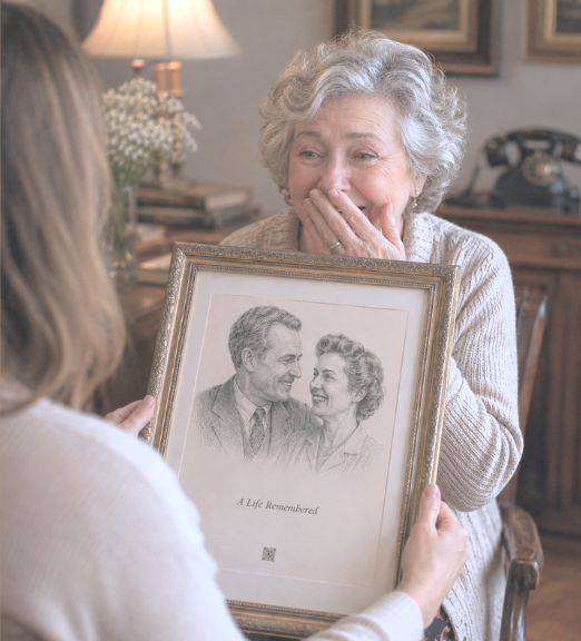 An elderly woman with gray, curly hair is holding a framed photograph of a smiling couple, and appears emotional and touched.