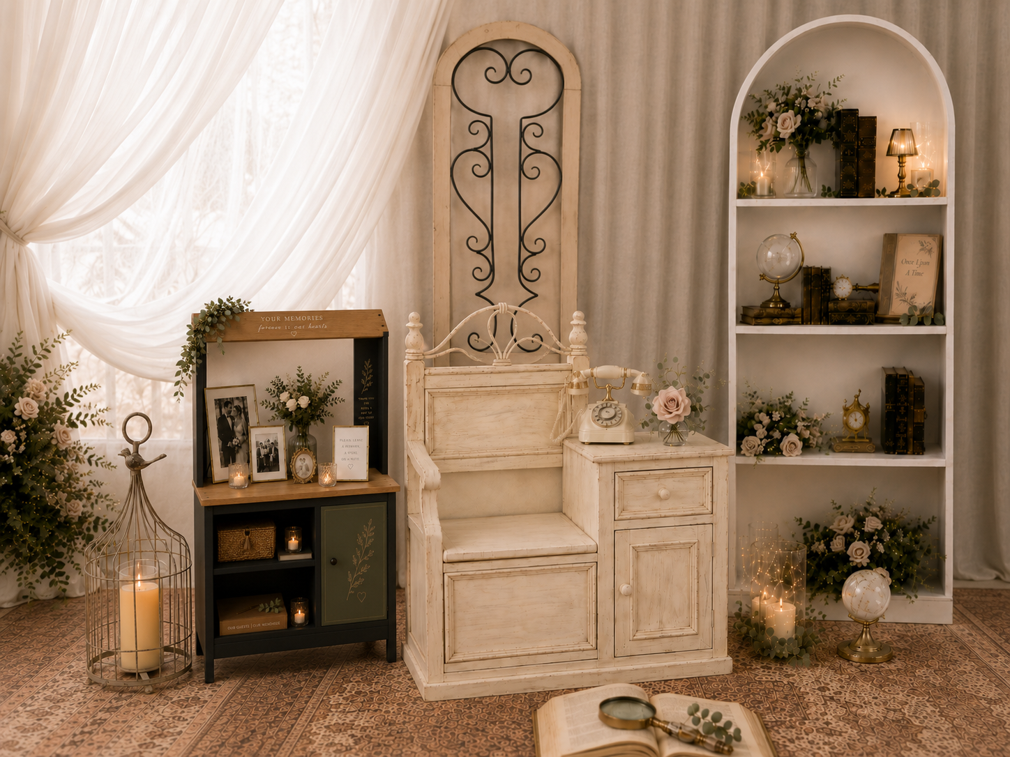 Decorative interior featuring a vintage white bench, a dark-colored shelf with photo frames and candles, a white bookshelf with vintage clocks and books, floral arrangements, candles, and a magnifying glass on an open book, all illuminated by soft natural light from window draped with white curtains.