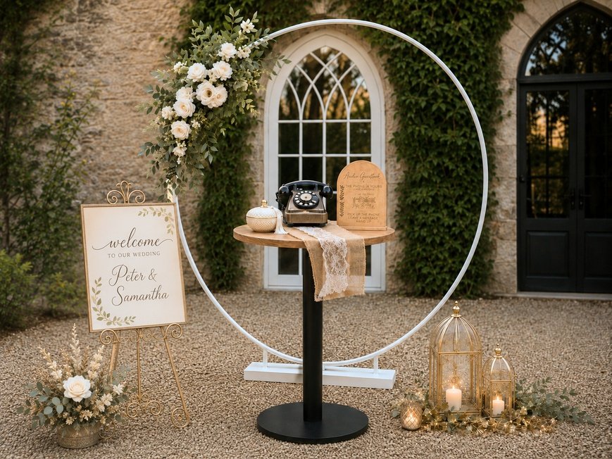 Wedding welcome sign with floral design, vintage typewriter and decorative items inside a heart-shaped metal frame, outdoor setting with lanterns and greenery.