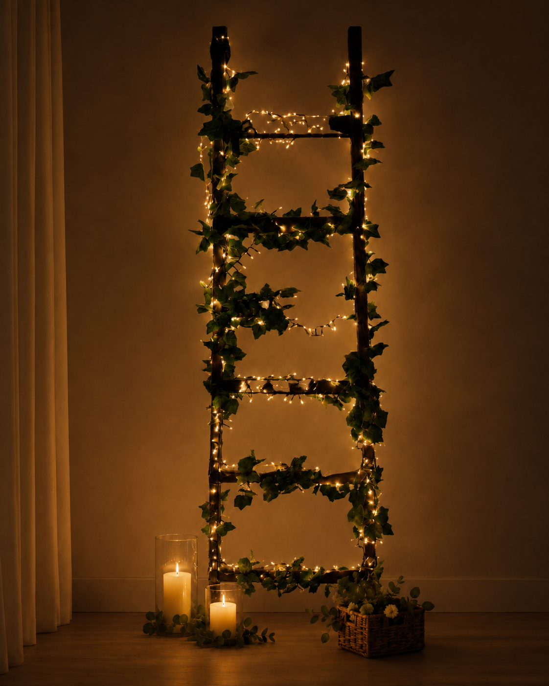 rustic ladder 150 fairylights foliage 180cm tall at nighttime.png